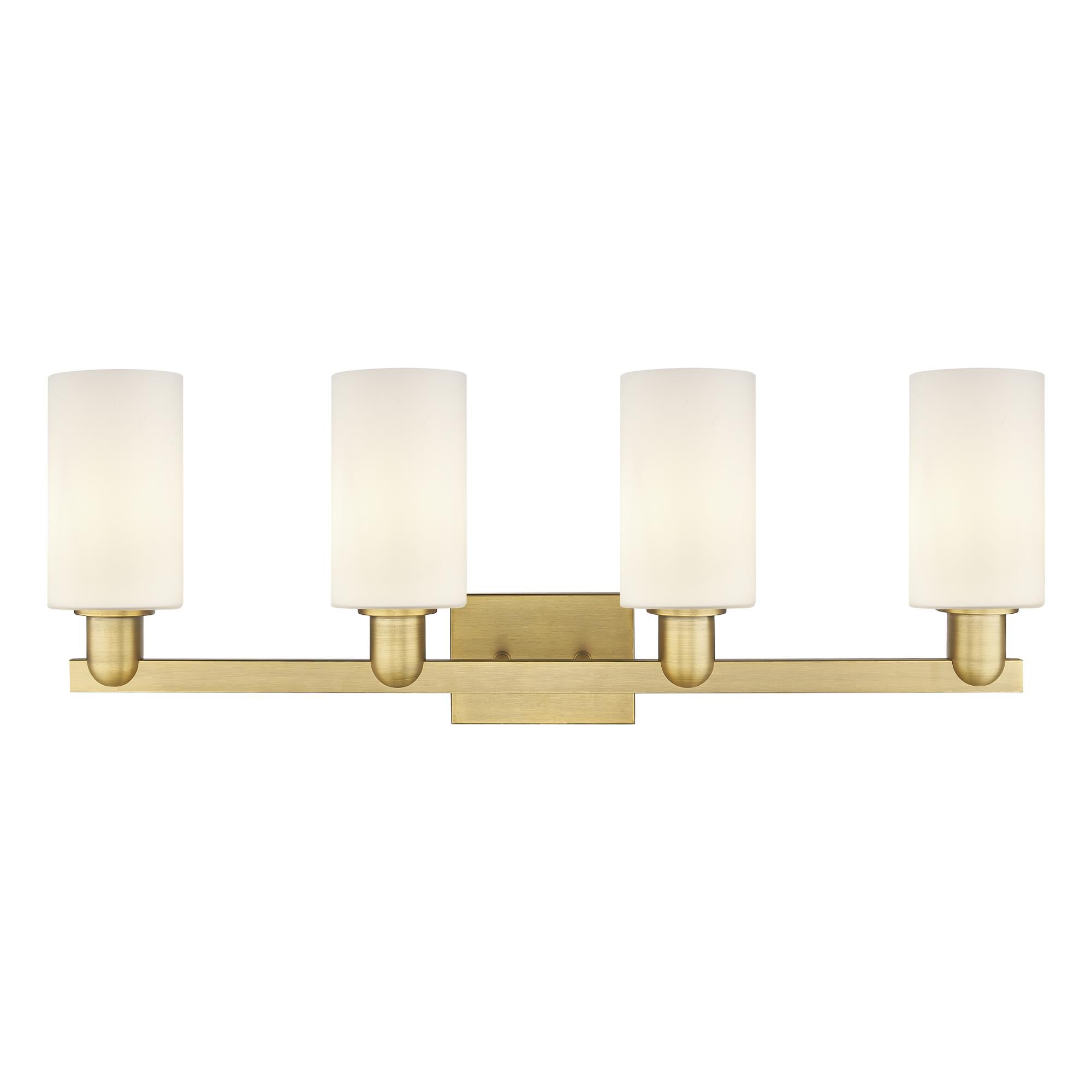 Shown in Brushed Brass finish and Matte White glass