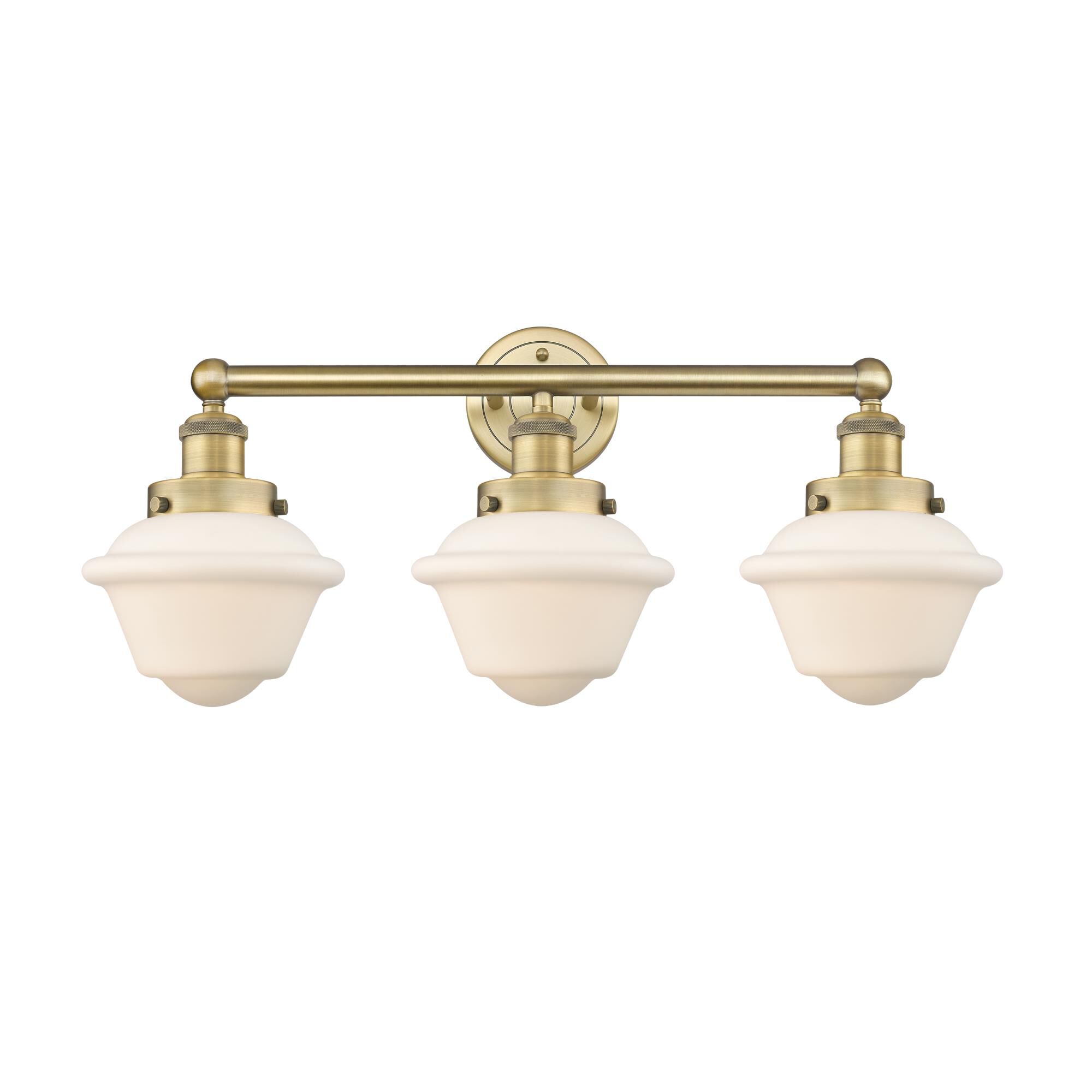 Shown in Brushed Brass finish and Matte White glass