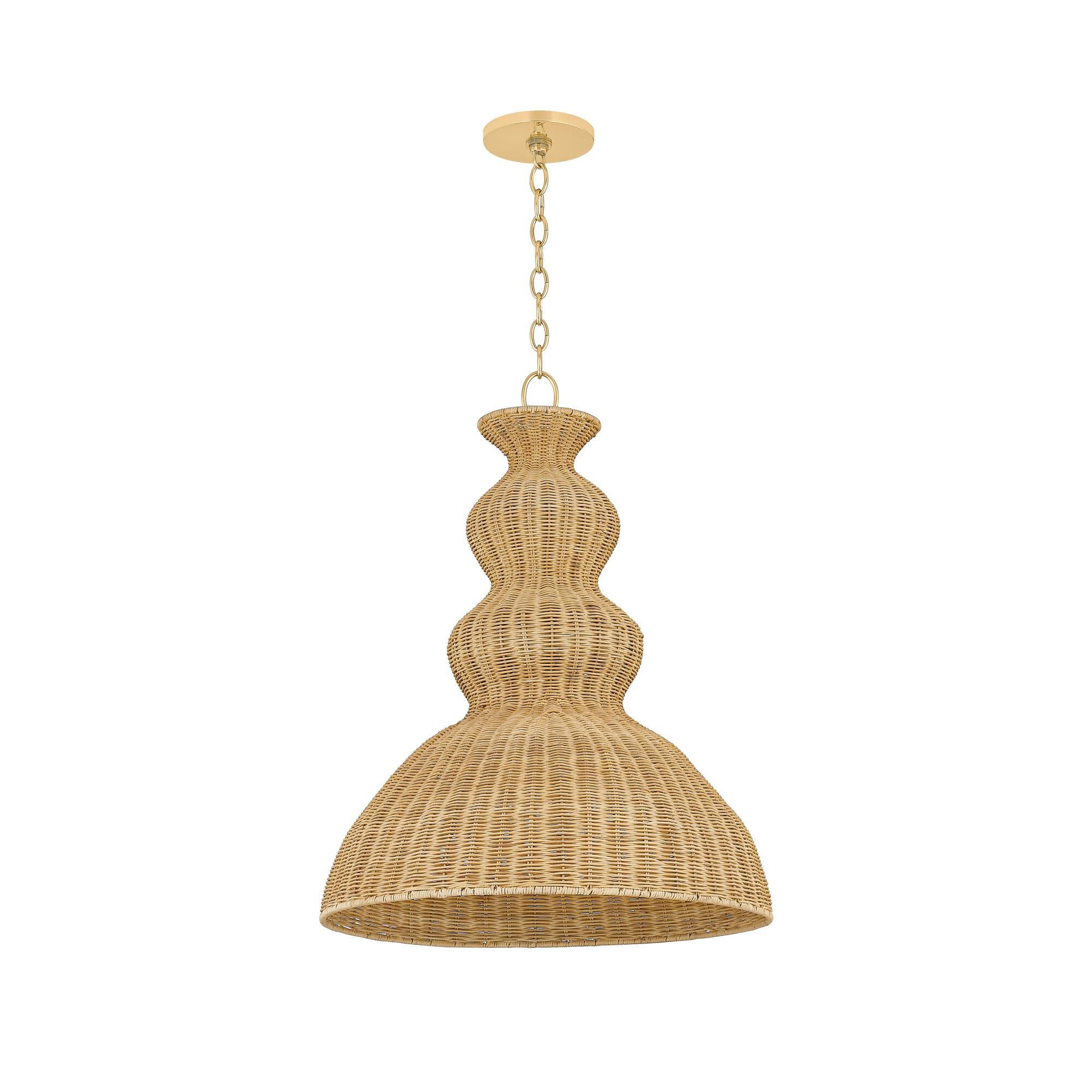 Shown in Aged Brass finish and Natural Woven shade