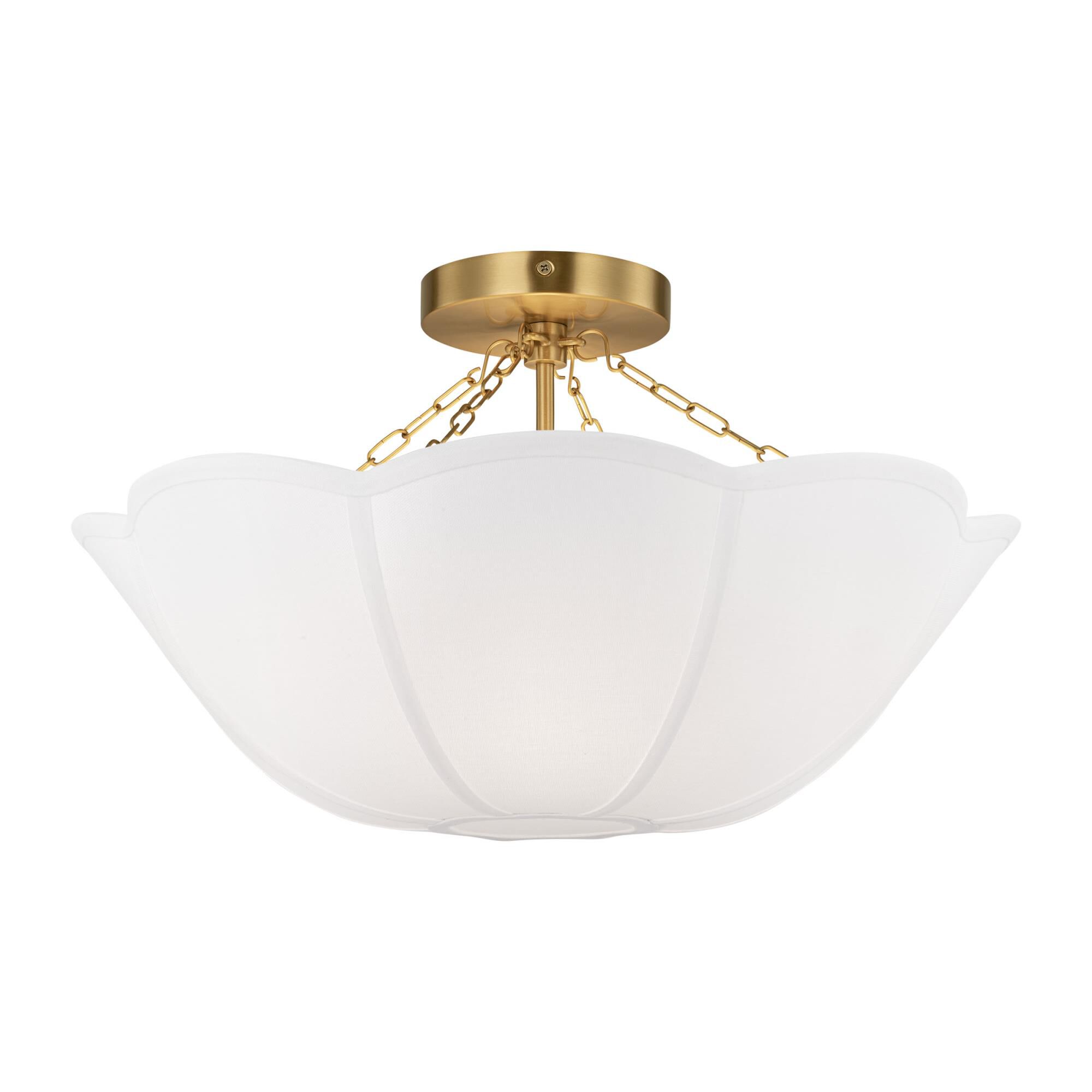 Shown in Burnished Brass finish and White Linen shade
