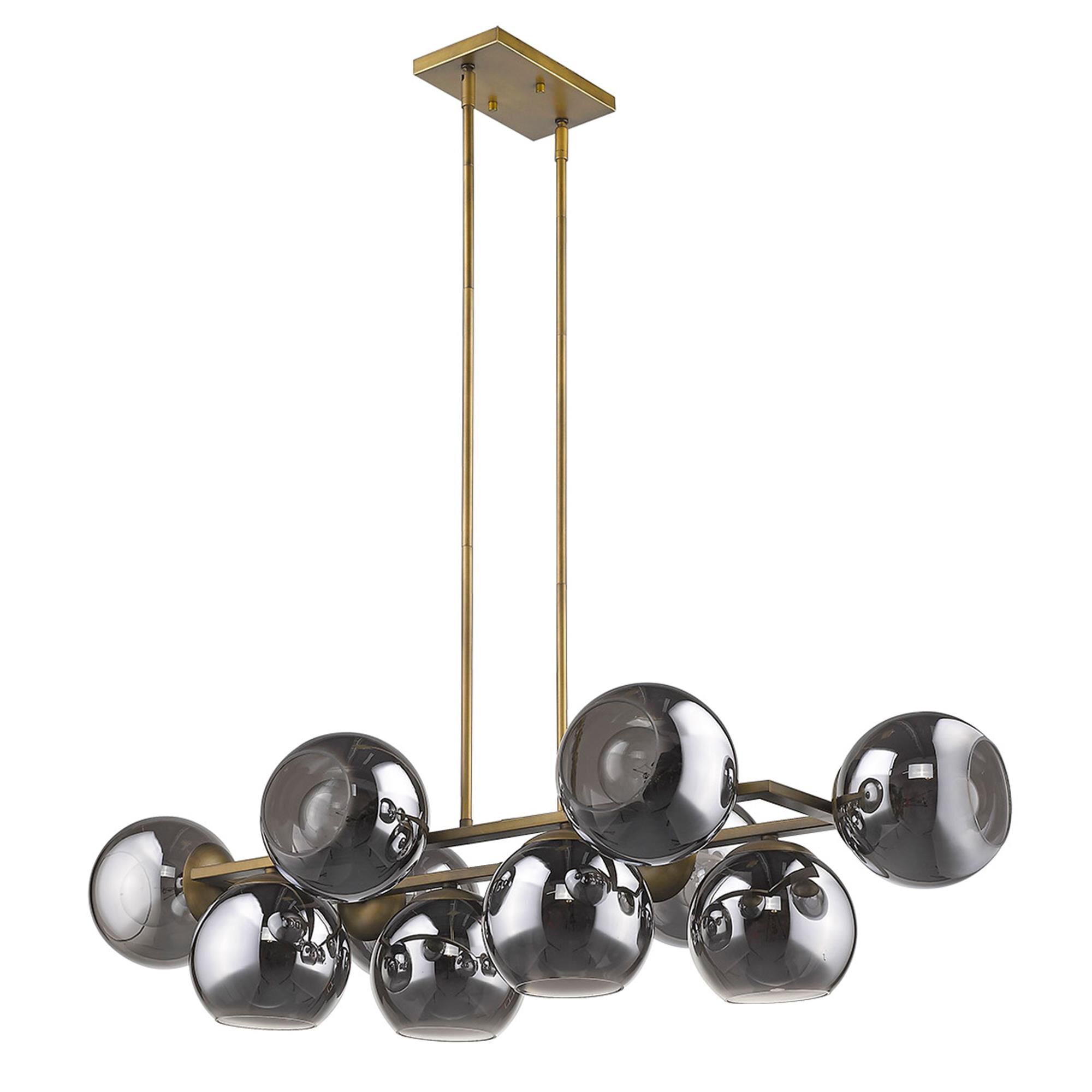 Shown in Aged Brass finish and Smoke glass and Smoke Glass Globes shade