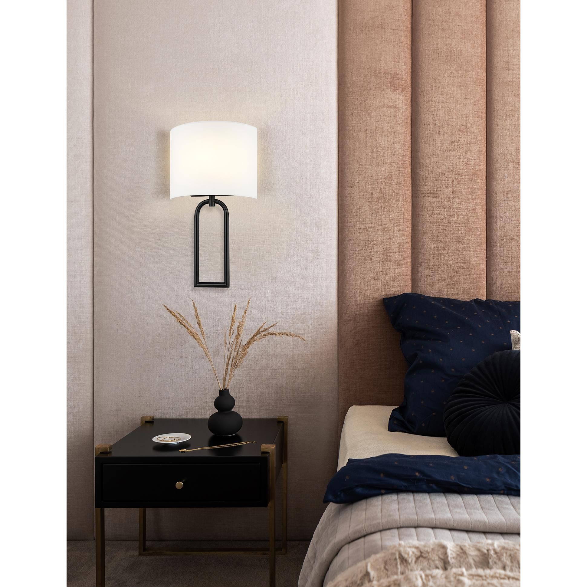 Shown in Brushed Brass finish and White Woven Fabric shade