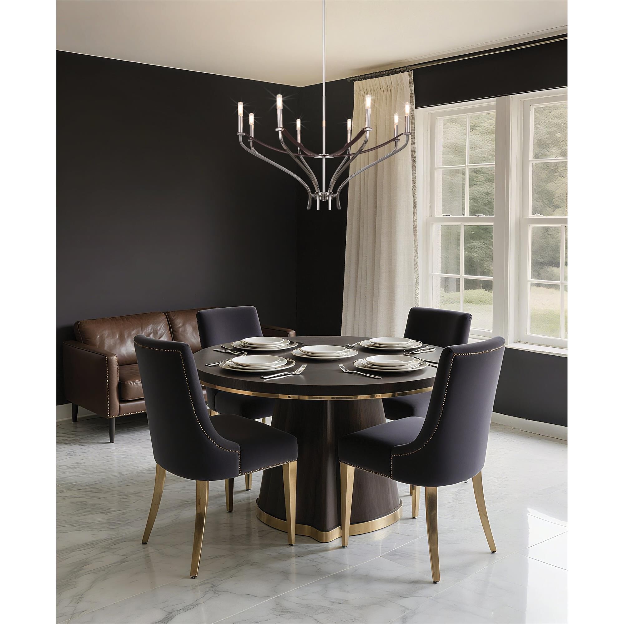 Shown in Polished Nickel and Dark Brown finish