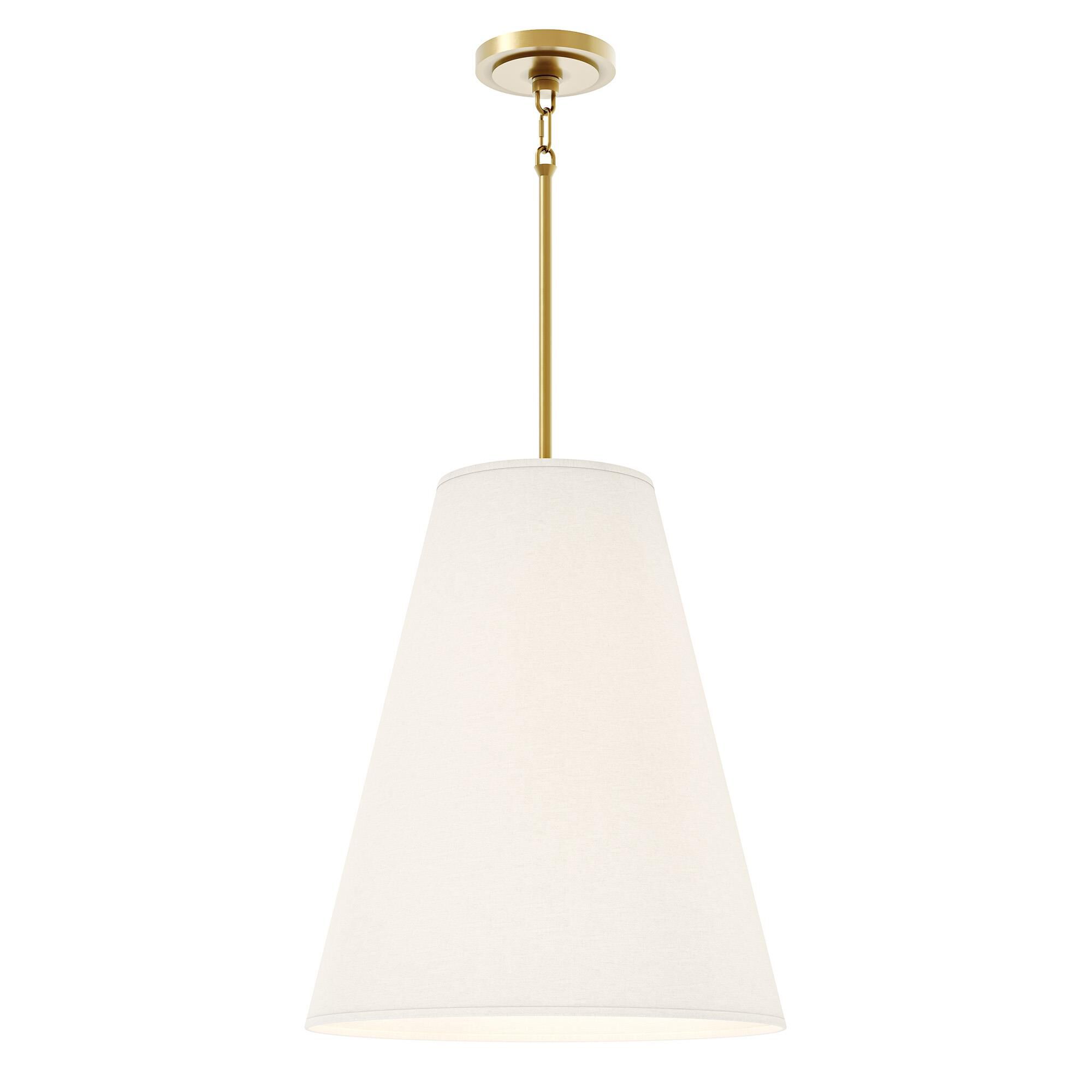 Shown in Modern Brass finish and Shannon Oyster Fabric shade
