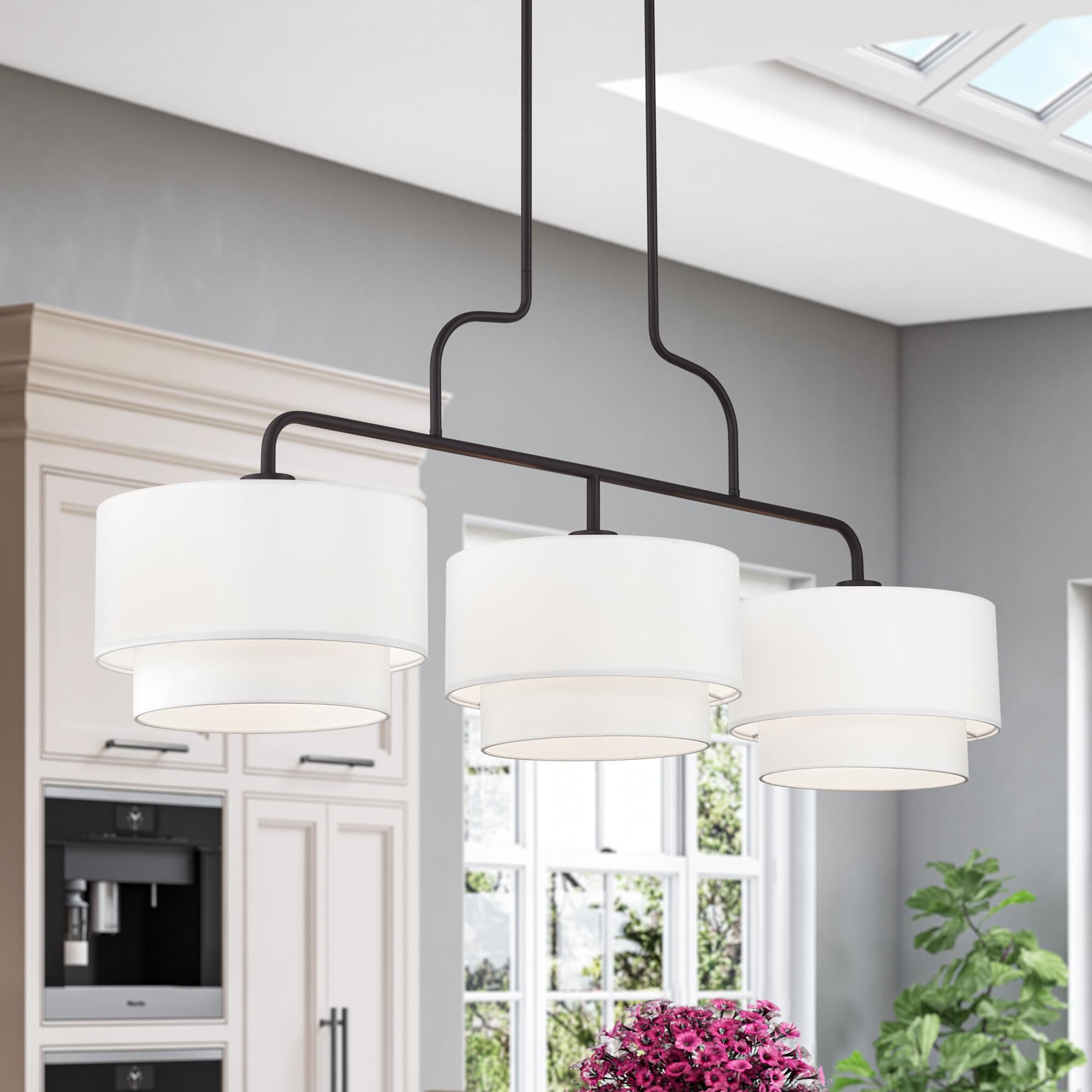 Shown in Bronze finish and Hand Crafted Off-White Fabric Hardbacks with White Fabric Inside shade