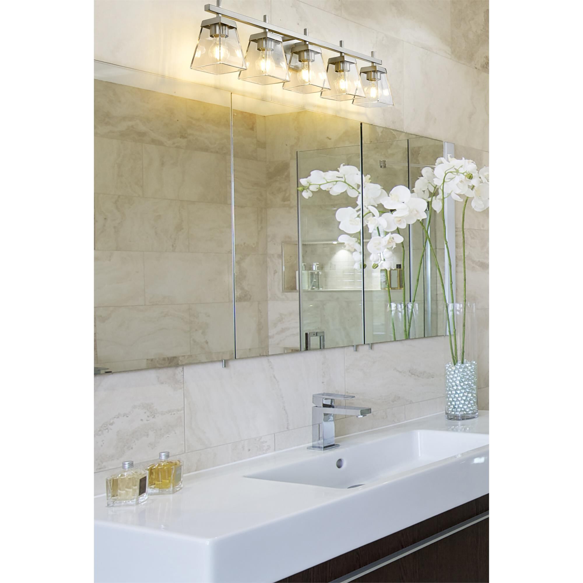 Shown in Brushed Nickel finish and Clear glass