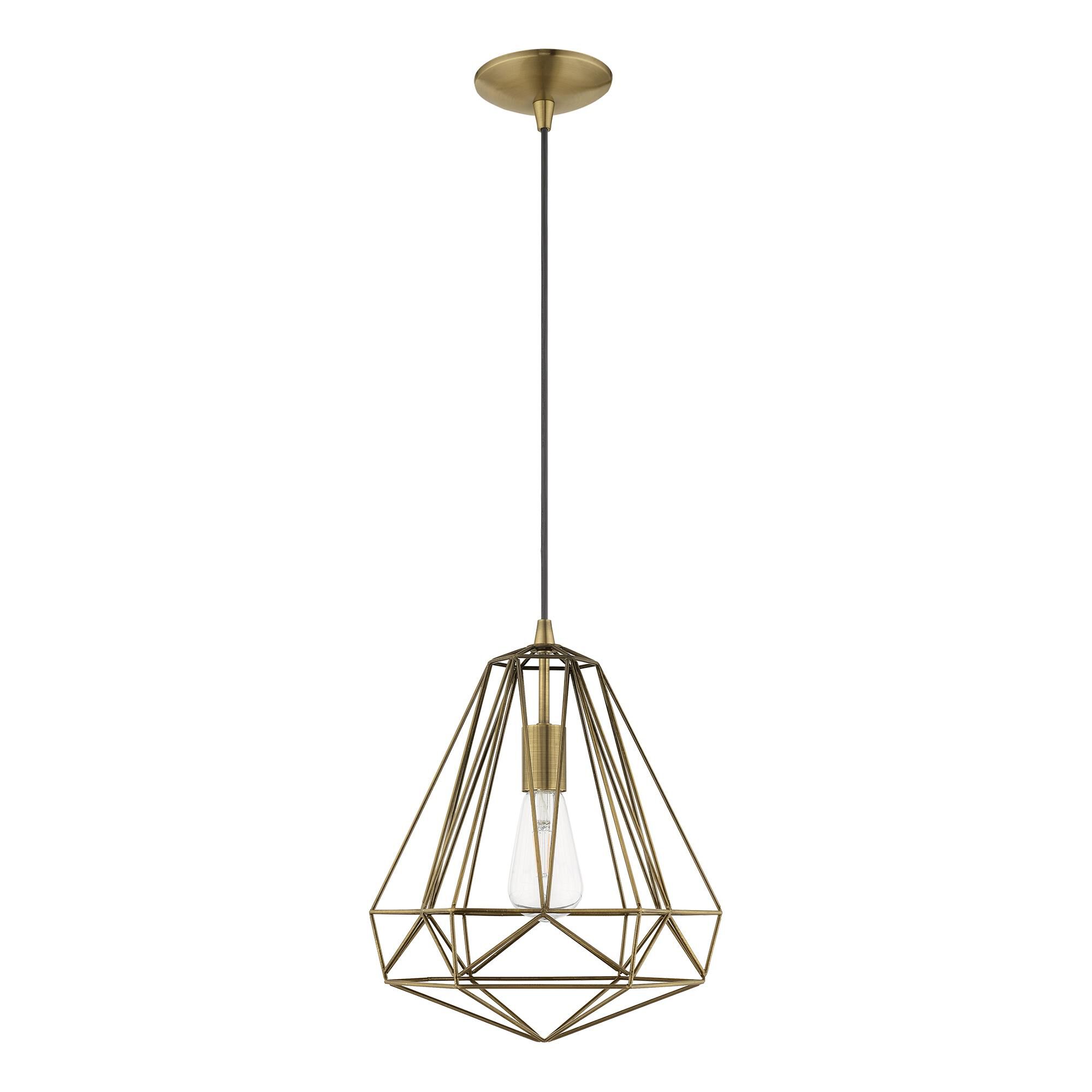 Shown in Antique Brass finish and Antique Brass Geometric Metal shade