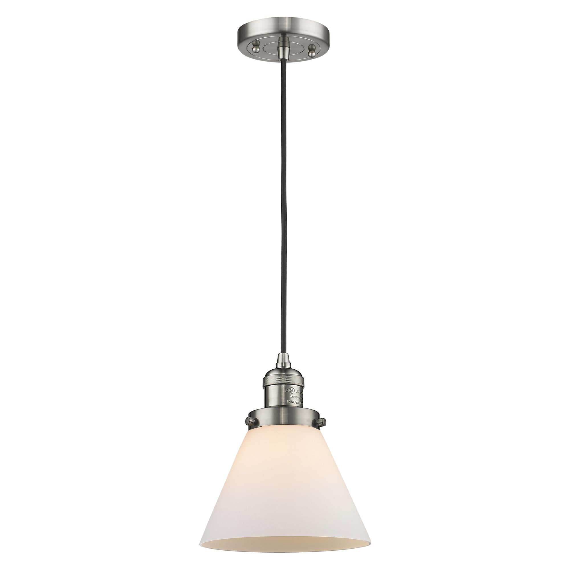 Shown in Brushed Satin Nickel finish and Matte White Cased glass