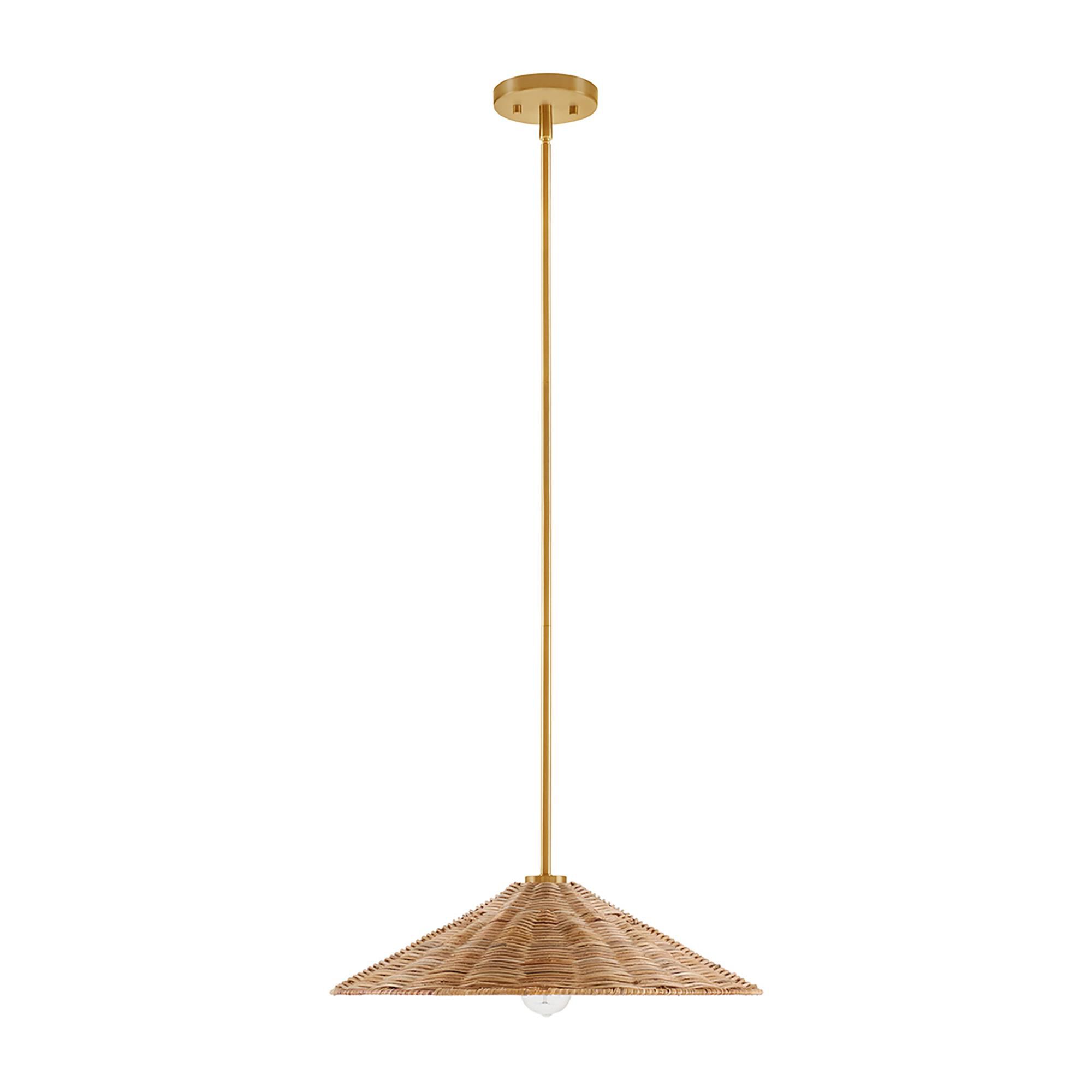 Shown in Natural Brass finish and Natural Rattan shade