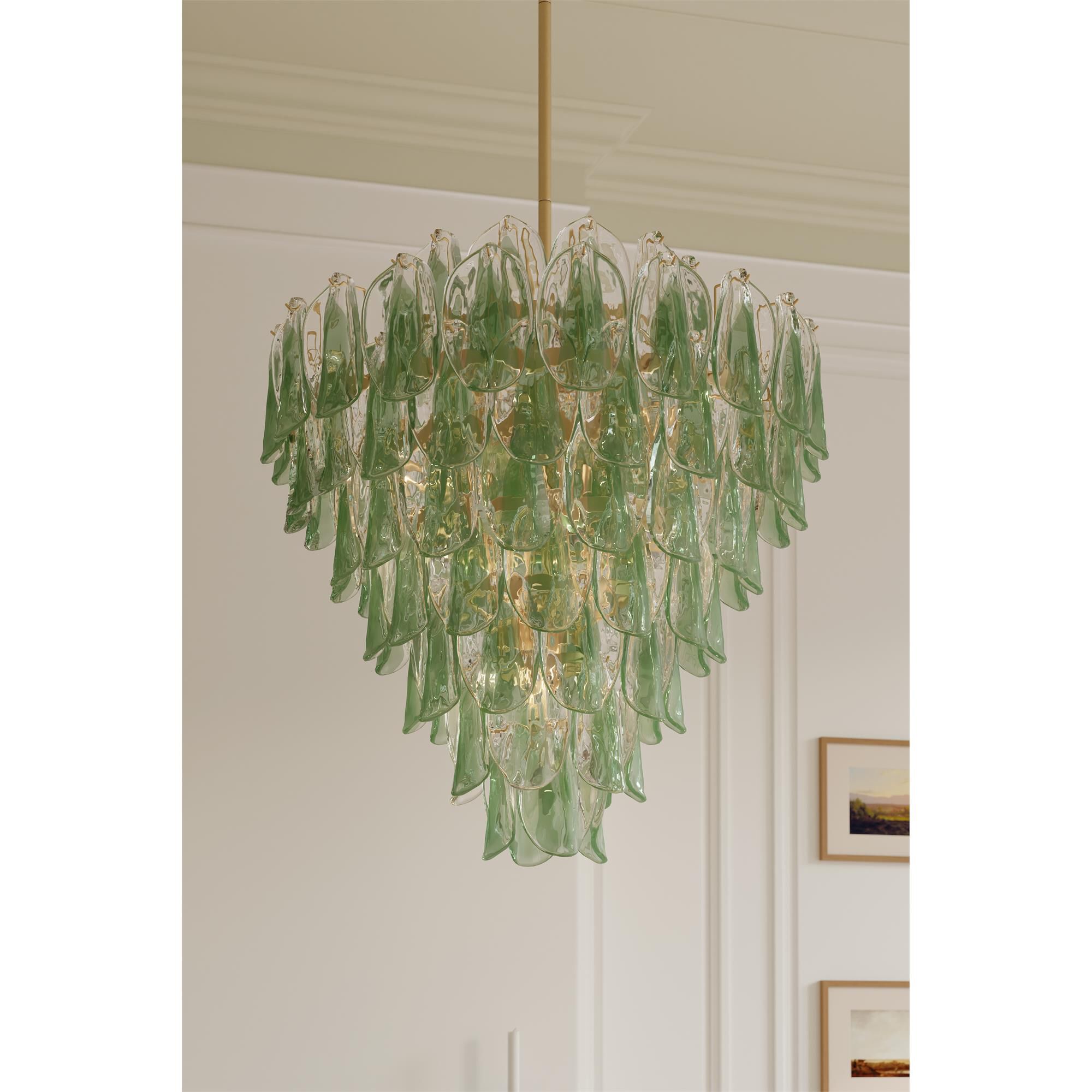 Shown in Legacy Brass finish and Green and Clear Hand-Formed glass