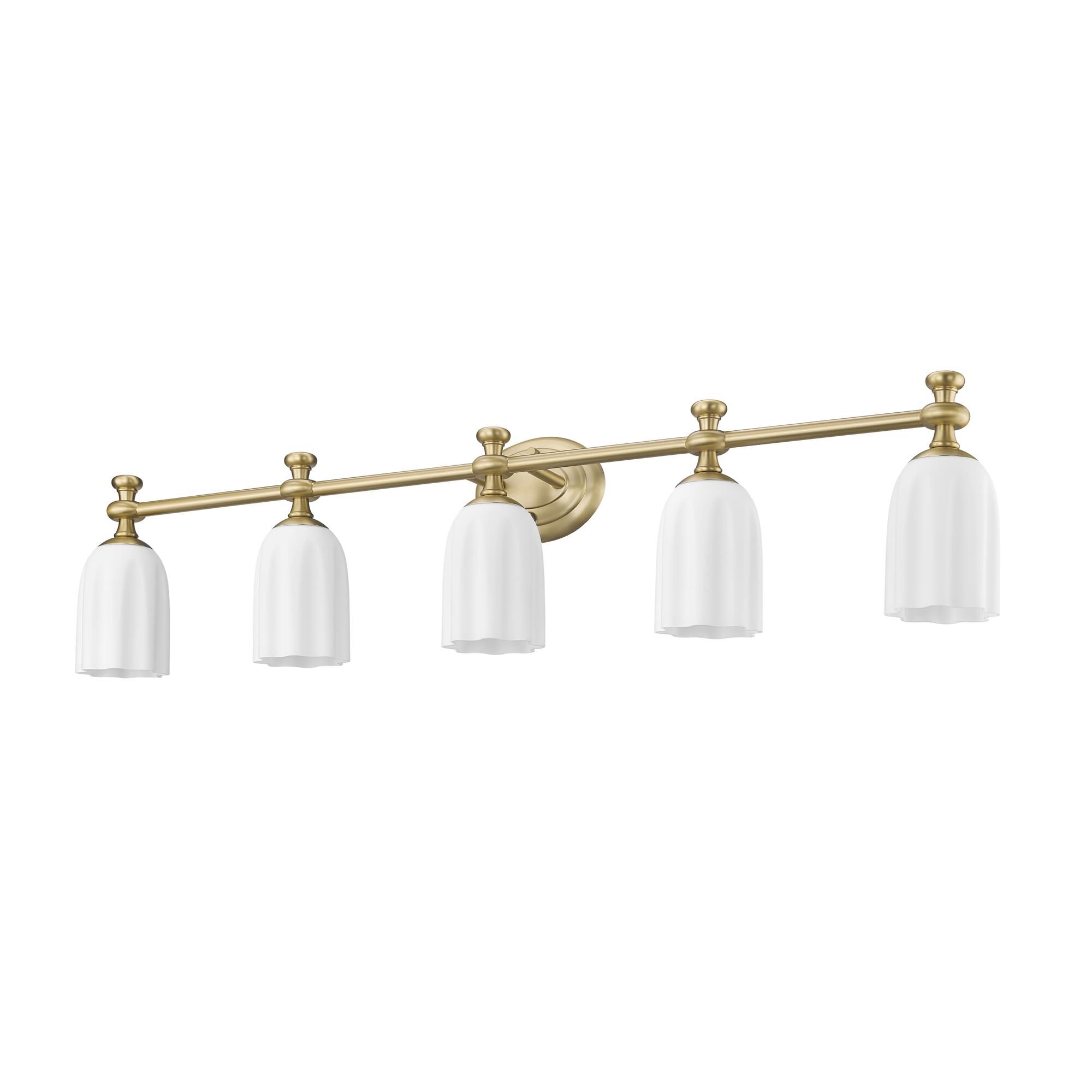 Shown in Modern Gold finish and Opal Etched glass and Opal Etched shade