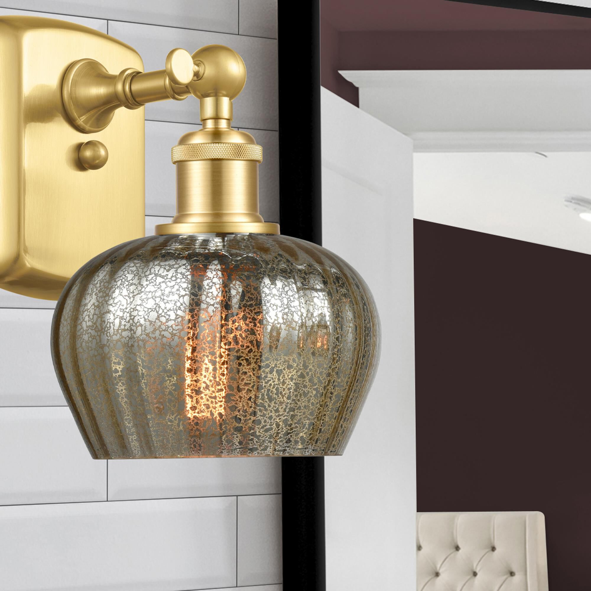 Shown in Satin Gold finish and Mercury Fenton glass