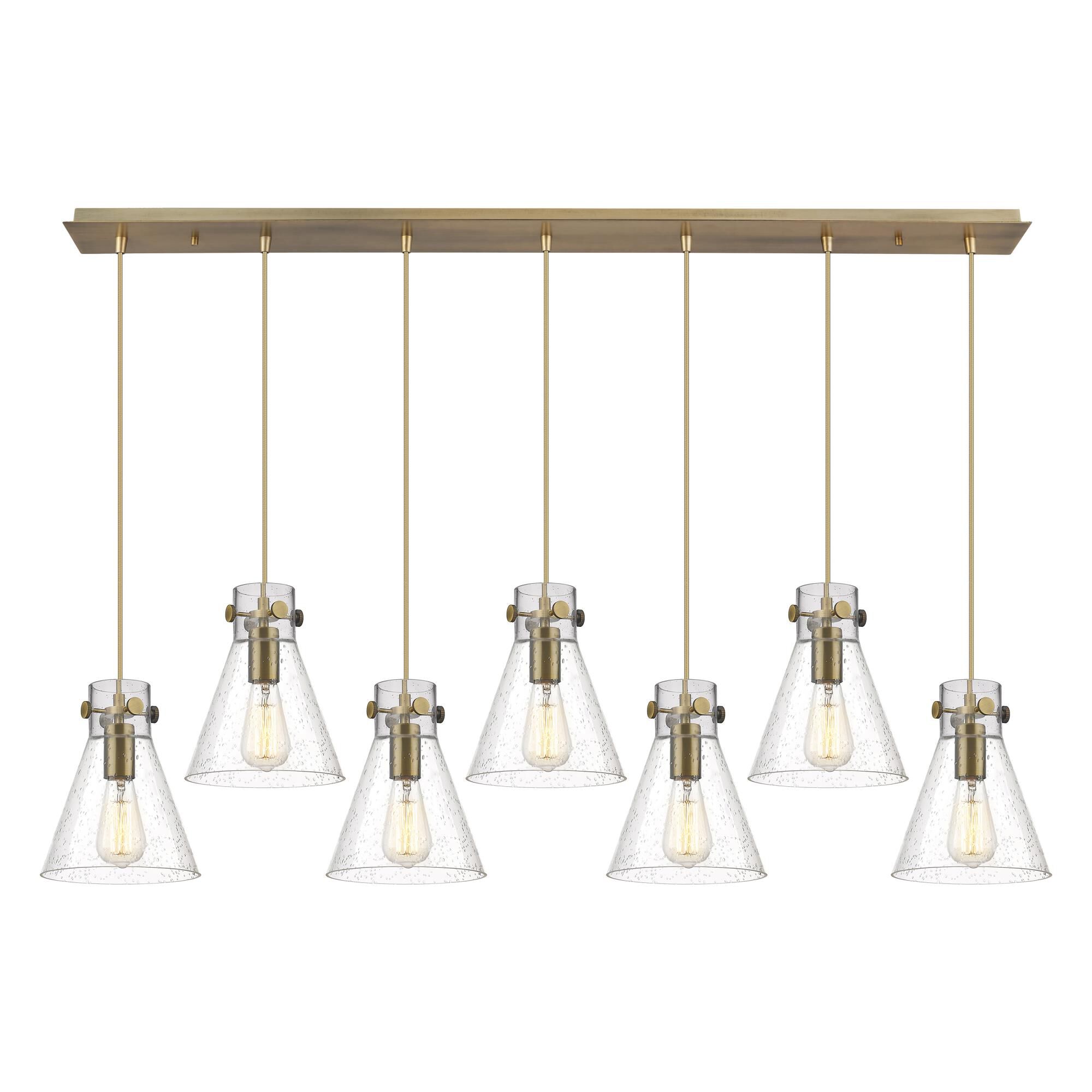 Shown in Brushed Brass finish and Seedy glass and Seedy Glass shade