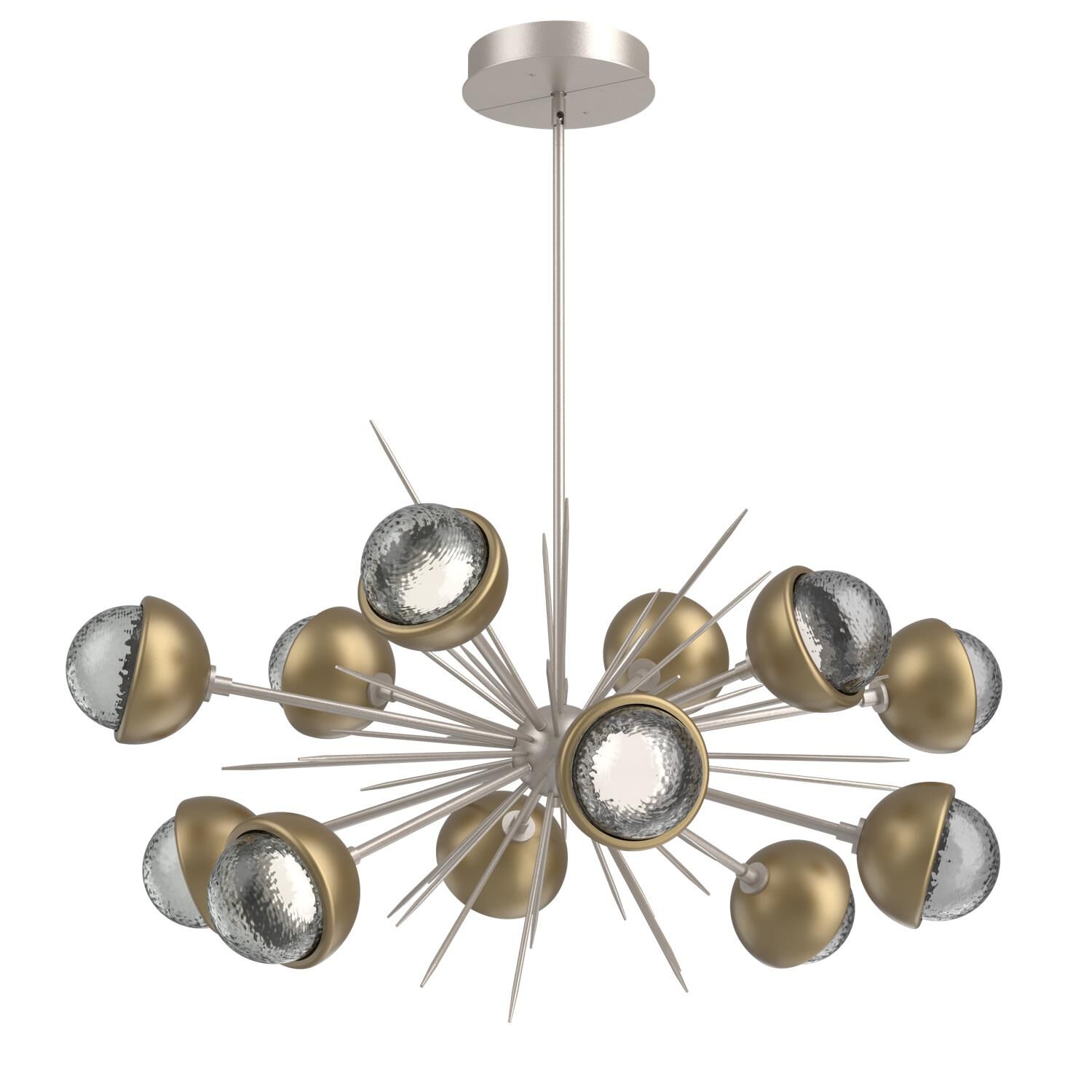 Shown in Beige Silver finish and Smoke glass and Gilded Brass accent