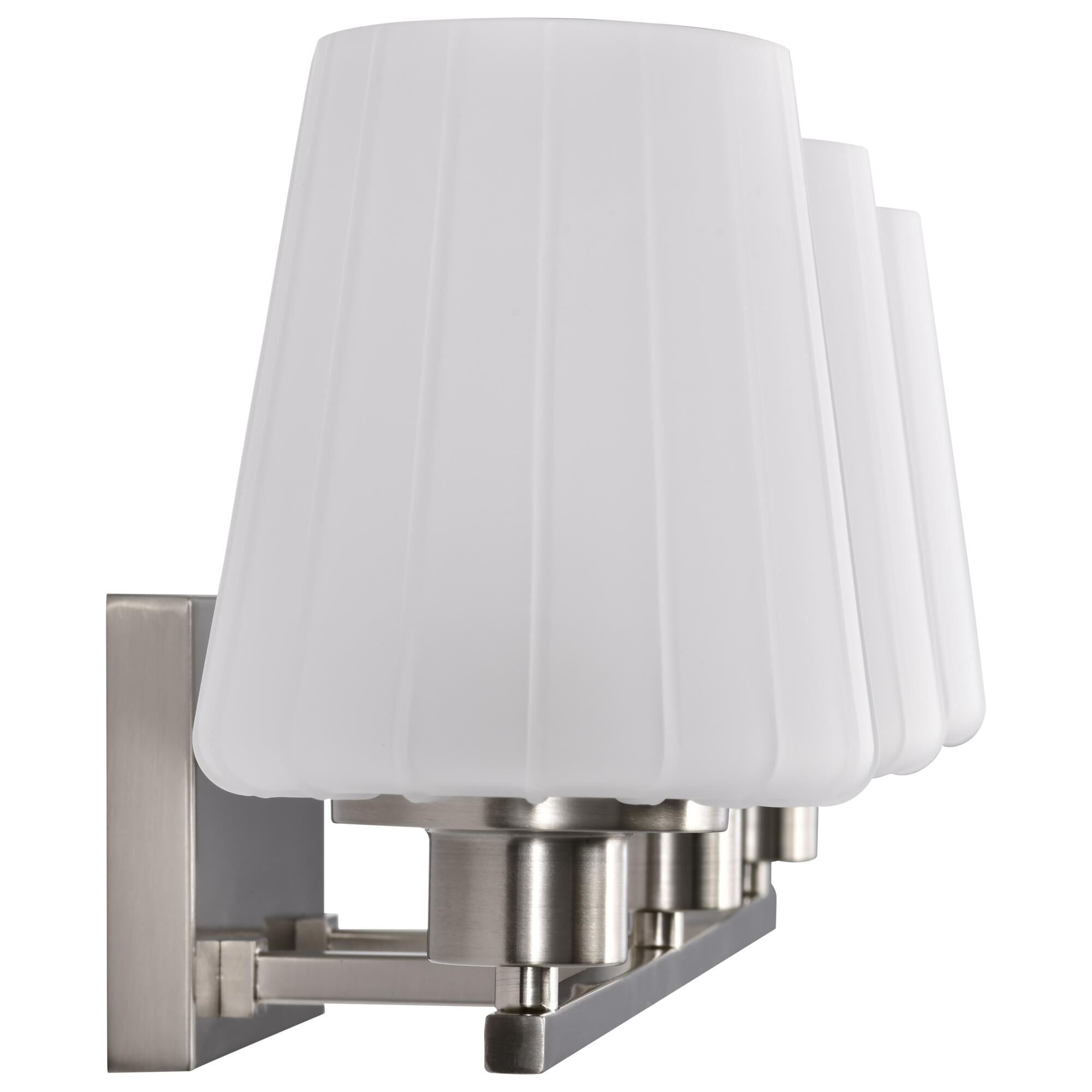 Shown in Brushed Nickel finish and Etched White glass