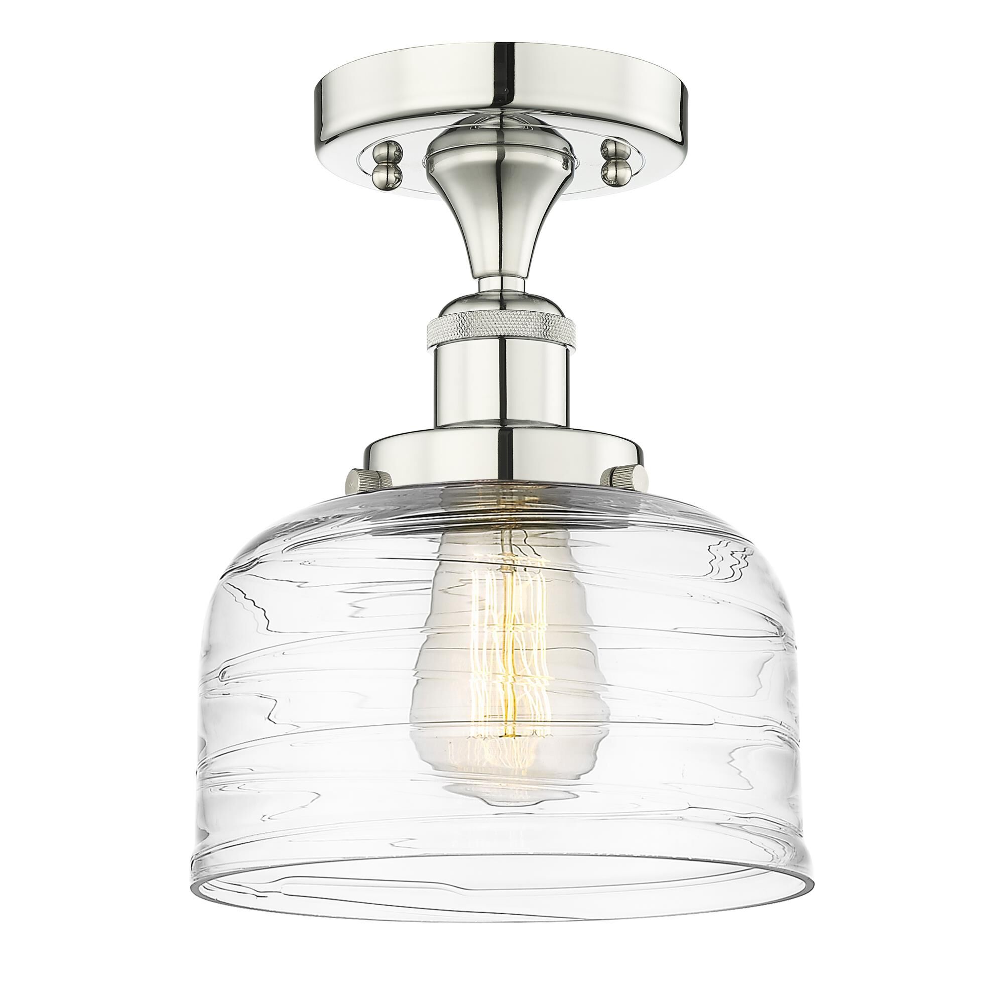 Shown in Polished Nickel finish and Clear Deco Swirl glass