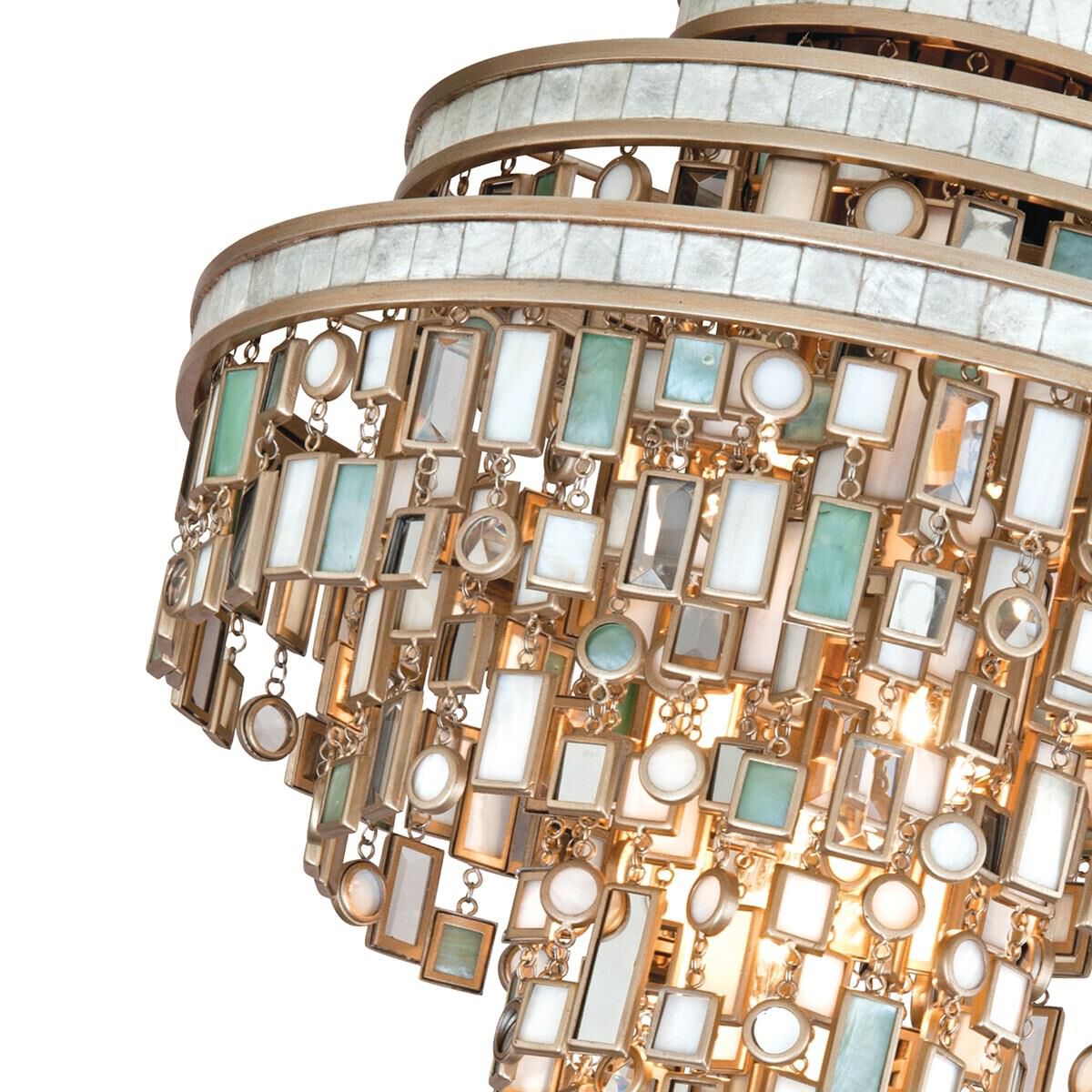 Shown in Dolcetti Silver finish and Mixed glass and Shells, Crystal, Stainless shade and Mixed Shells with Crystal and Stainless  accent