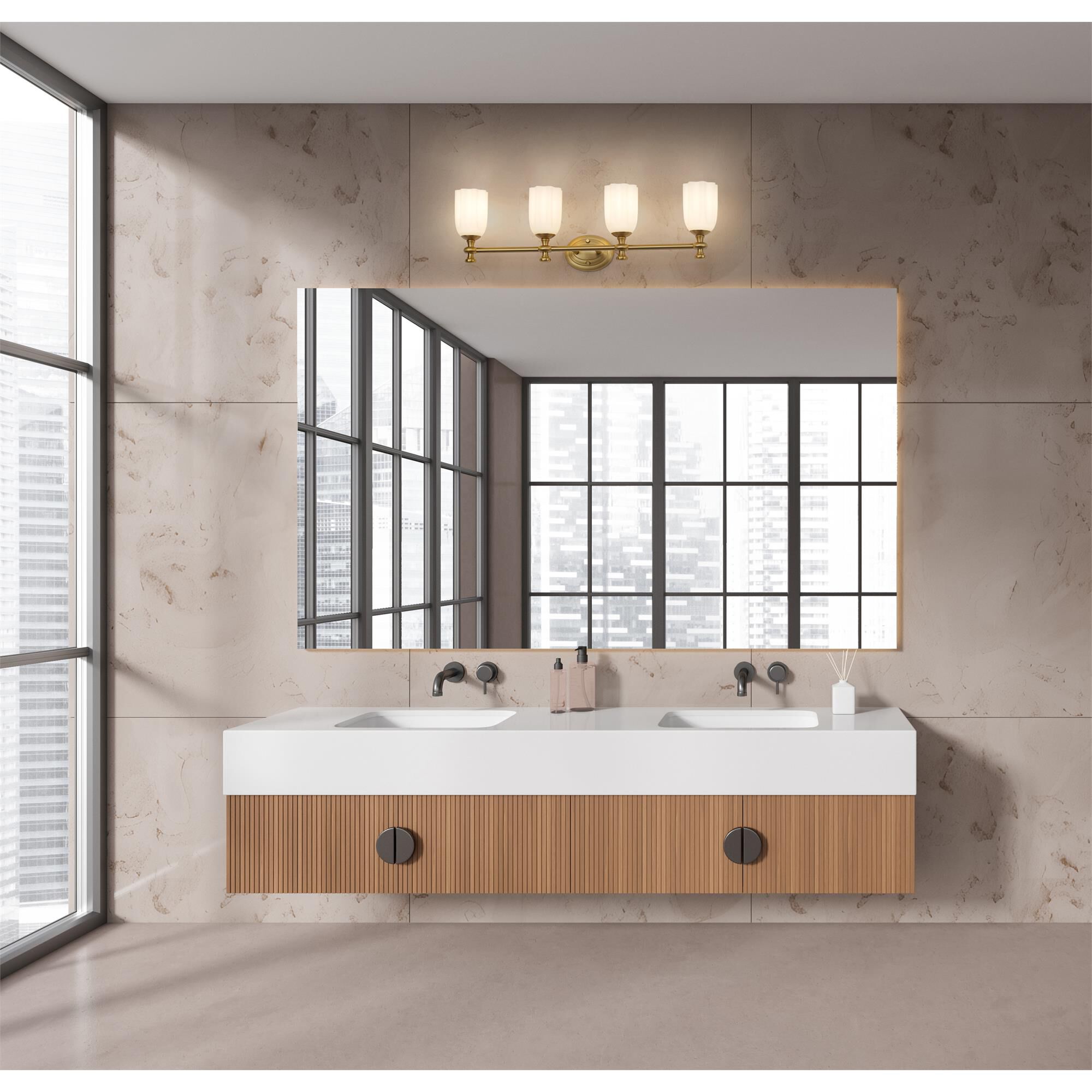 Shown in Modern Gold finish and Opal Etched glass and Opal Etched shade
