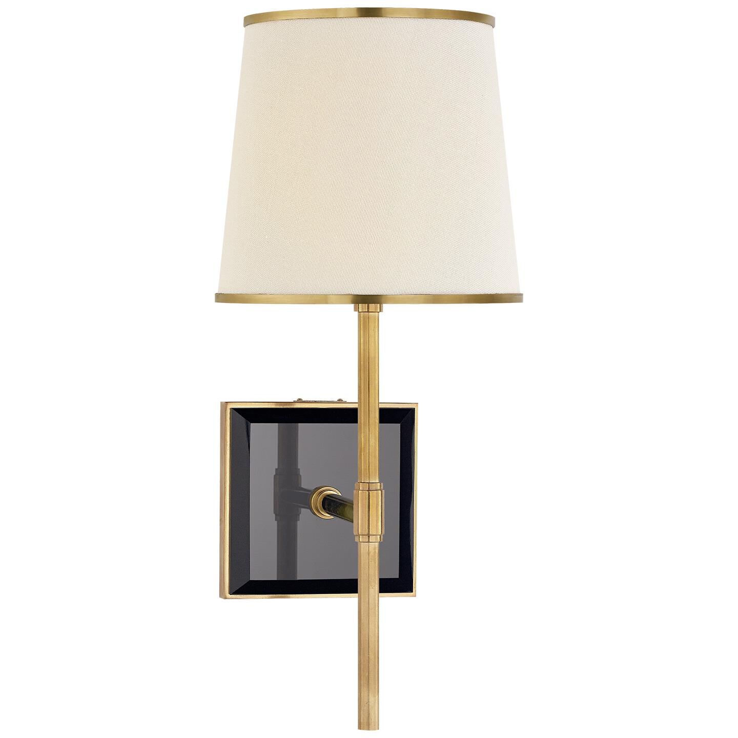 Shown in Soft Brass And Black finish and Linen with Soft Brass Trim shade