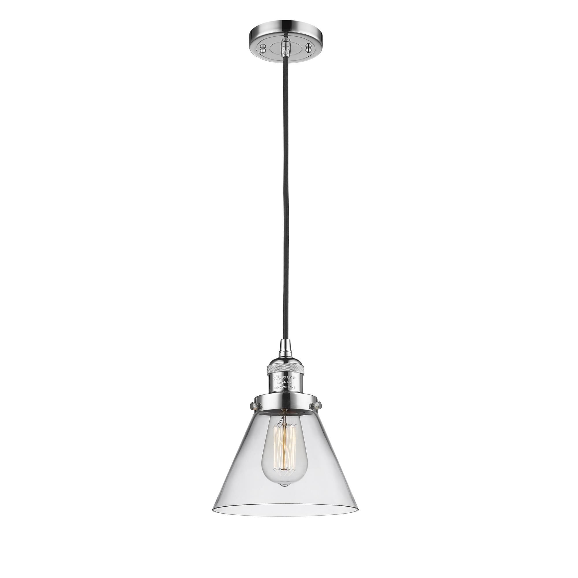 Shown in Polished Chrome finish and Clear Large Cone glass and Cord accent