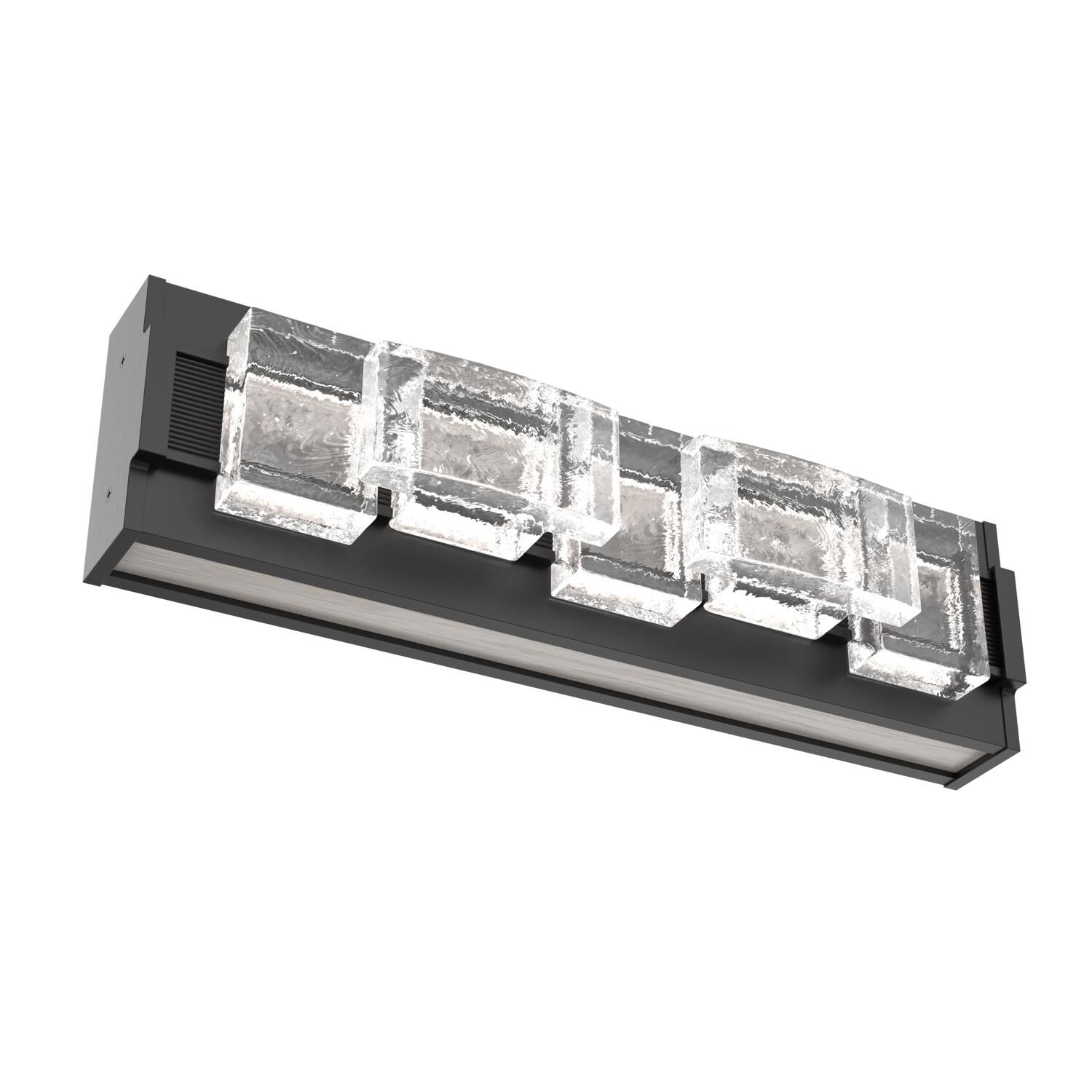 Shown in Matte Black finish and Rough Seedy glass and Light Oak accent