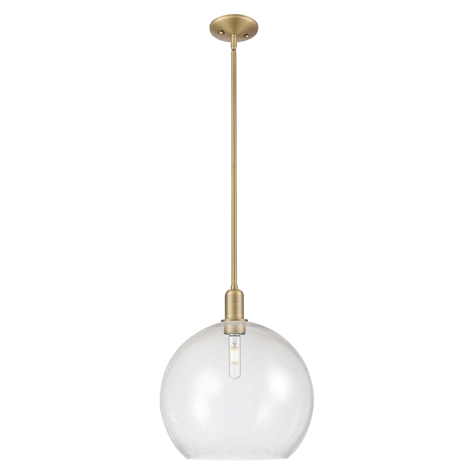 Shown in Brushed Brass finish and Seedy glass