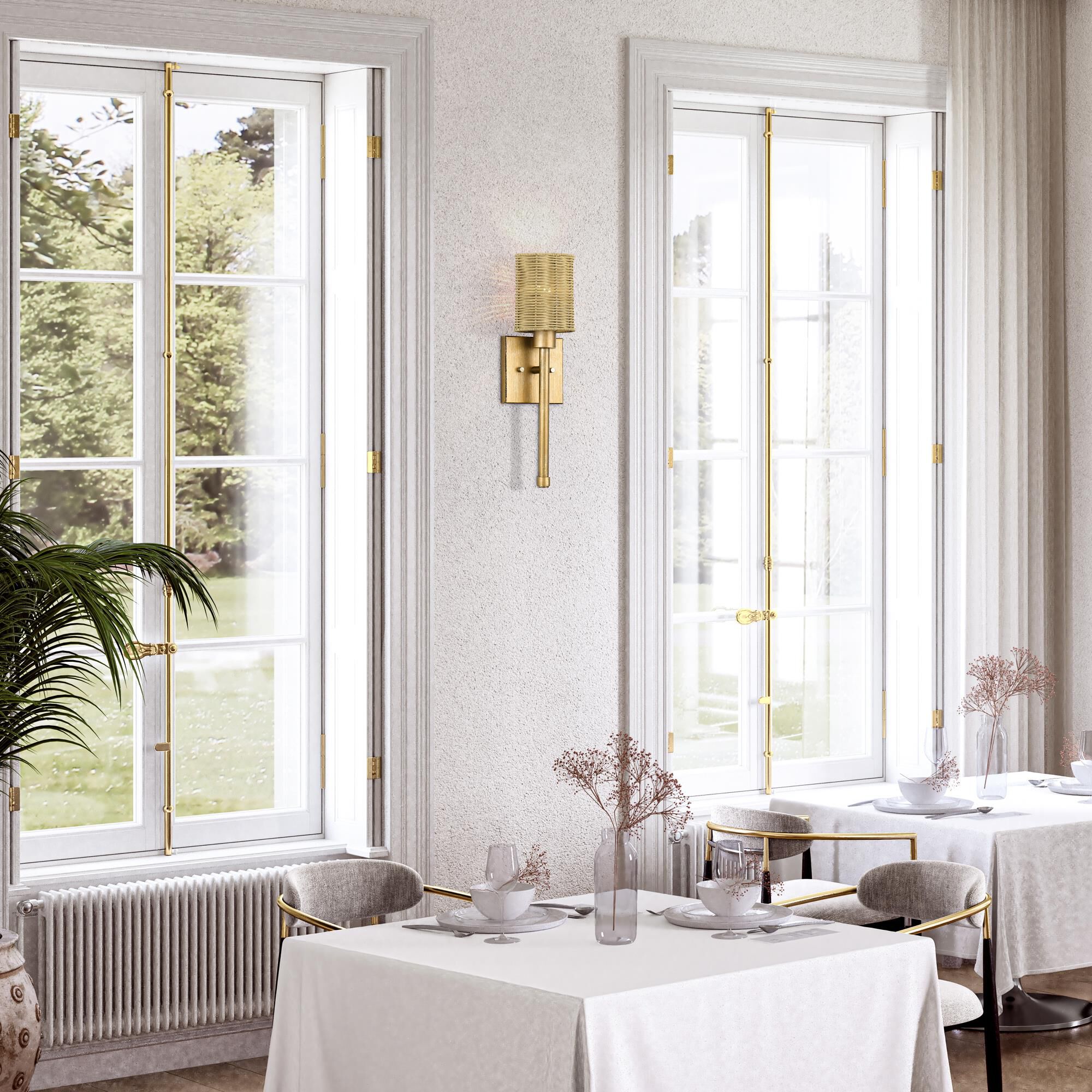 Shown in Antique Gold Leaf finish and Hand-Woven Rustic Walnut Color Rattan shade