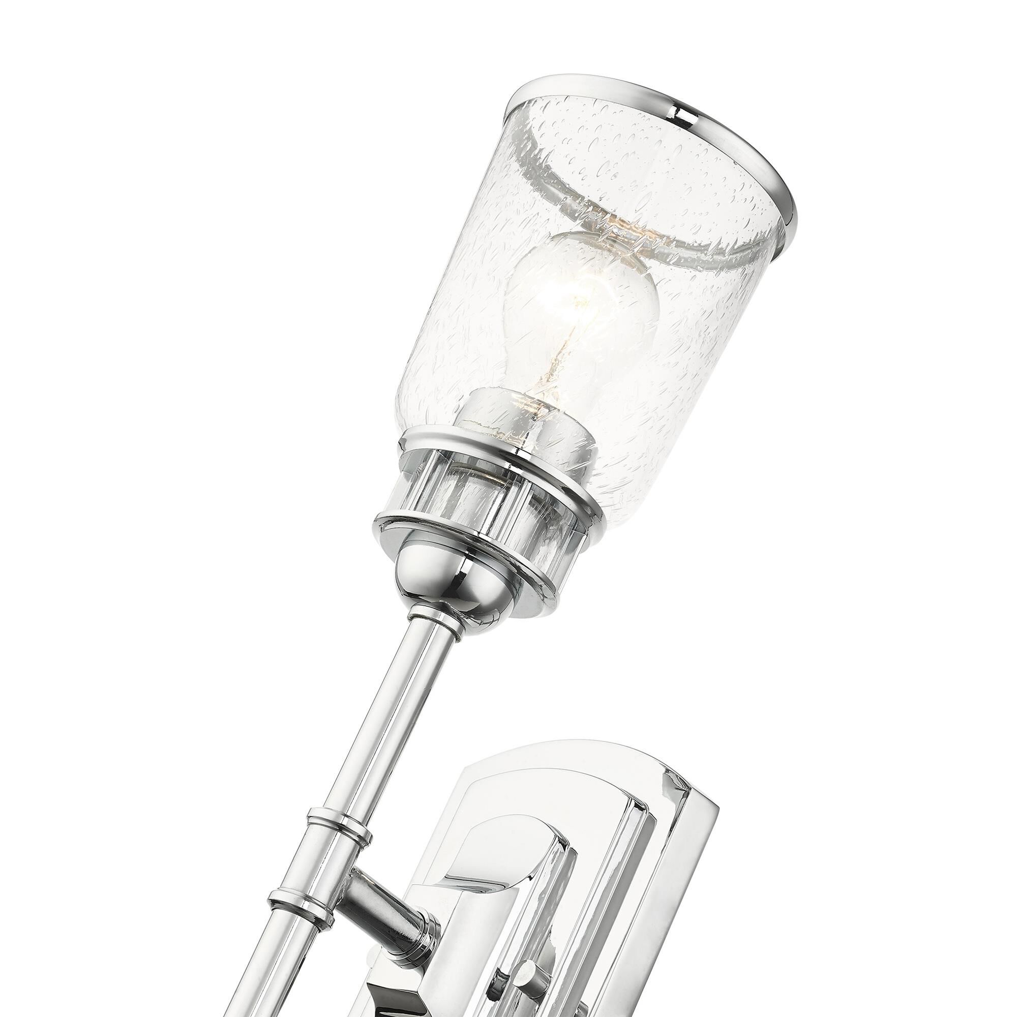 Shown in Polished Chrome finish and Hand Blown Clear Seeded glass and Hand Blown Clear Seeded Glass shade