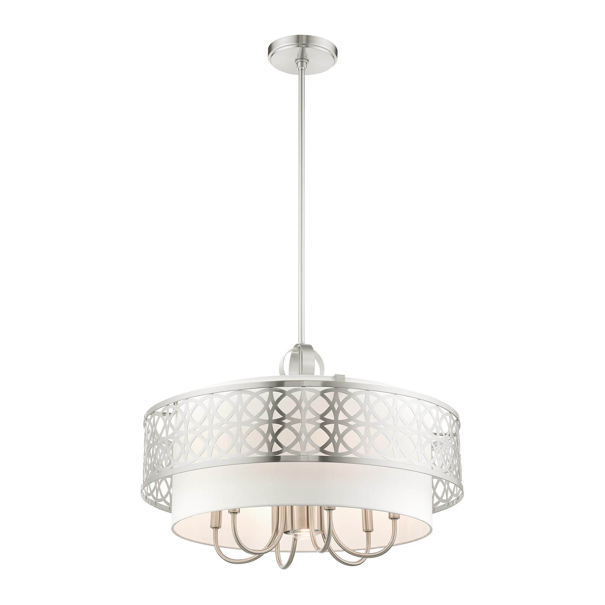 Shown in Brushed Nickel finish and Hand Crafted Hardback  Completely Finished With Off-White Color Fabric Outside and Inside shade