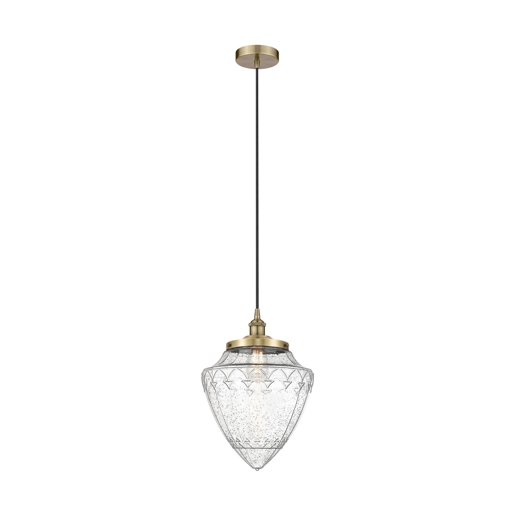 Shown in Antique Brass finish and Seedy glass