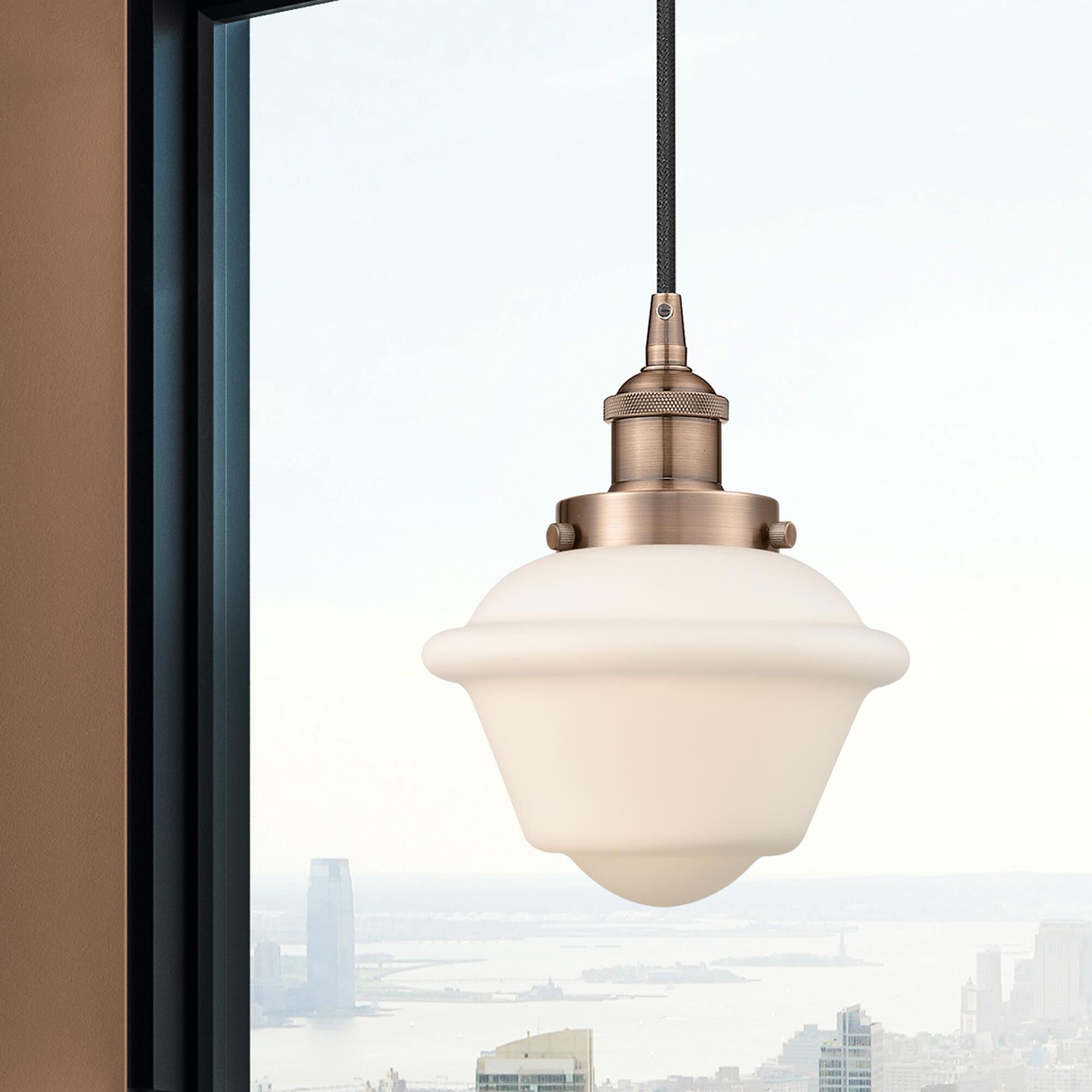 Shown in Antique Copper finish and Matte White Cased Small Oxford glass