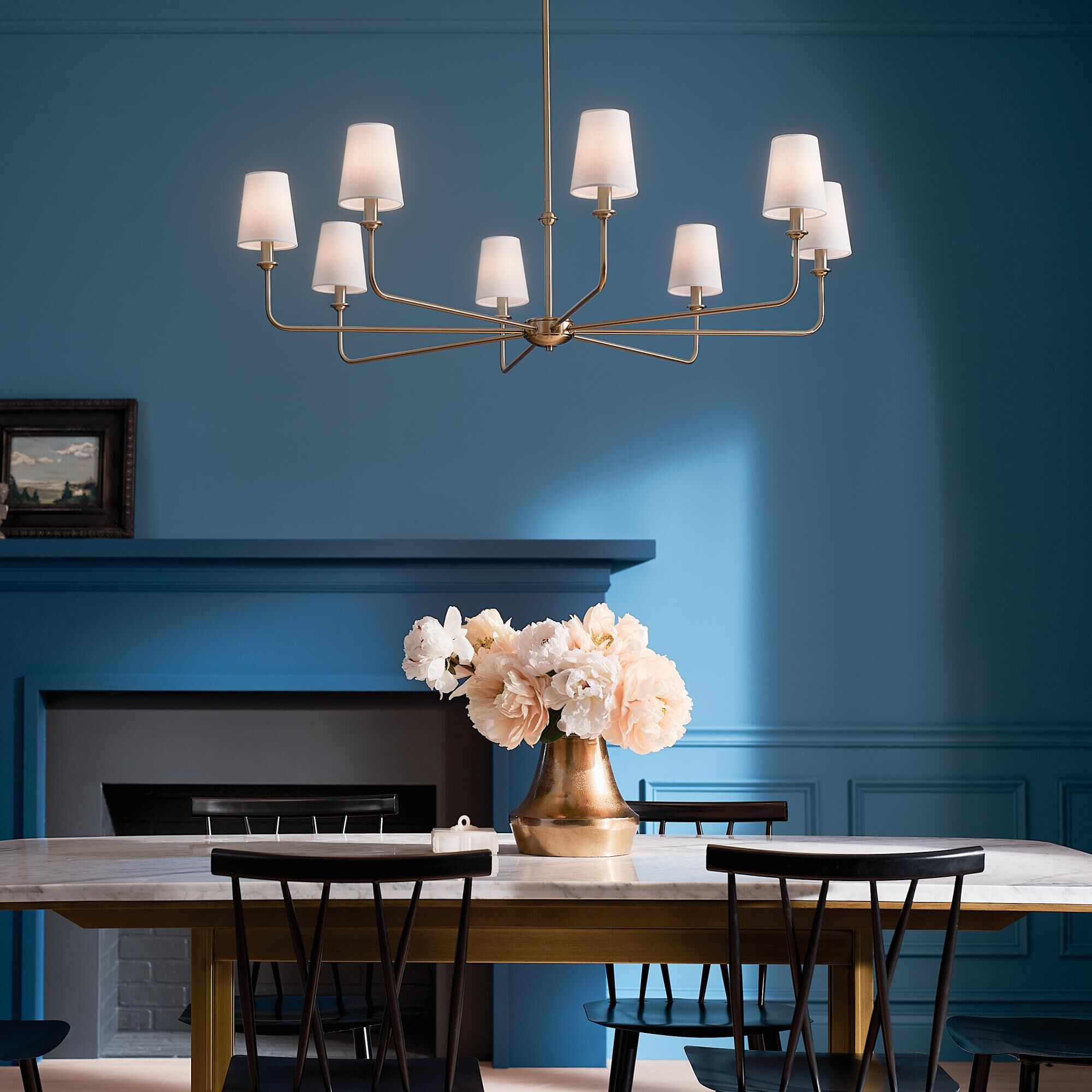 Shown in Brushed Natural Brass finish and Fabric and Bell shade