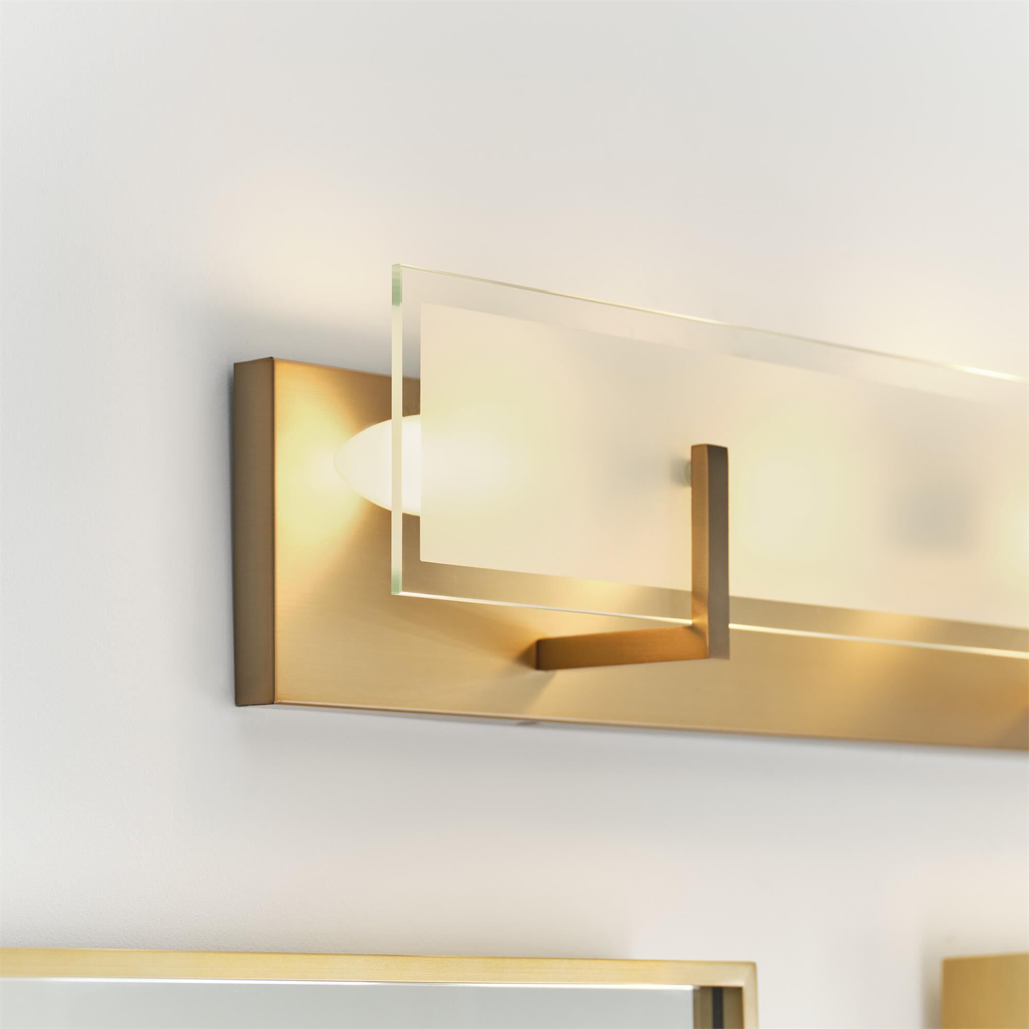 Shown in Satin Brass finish and Clear Highlighted Satin Etched glass