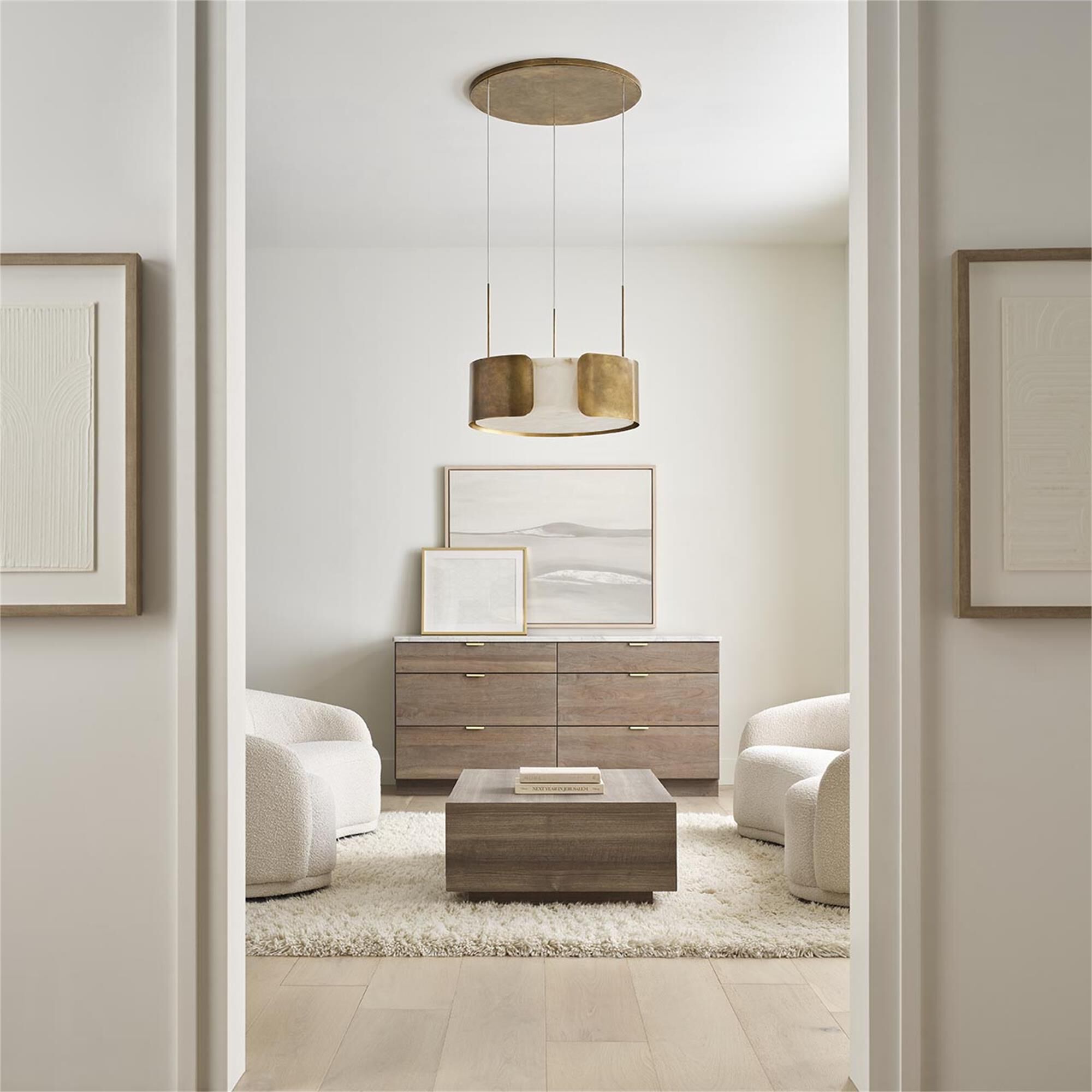 Shown in Mottled Brass finish and Alabaster shade