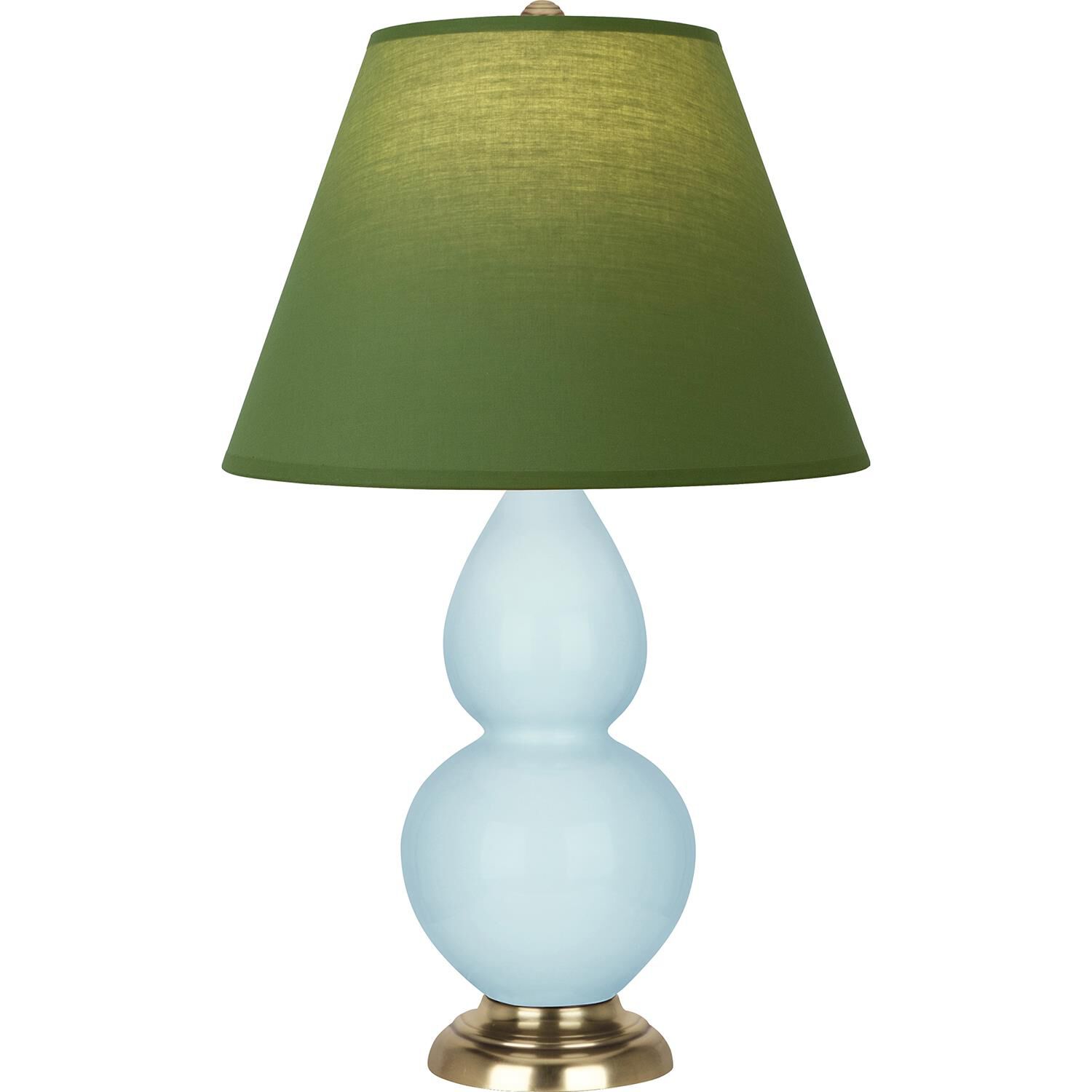 Shown in Baby Blue finish and Tea Green and Taupe shade and Antique Natural Brass accent