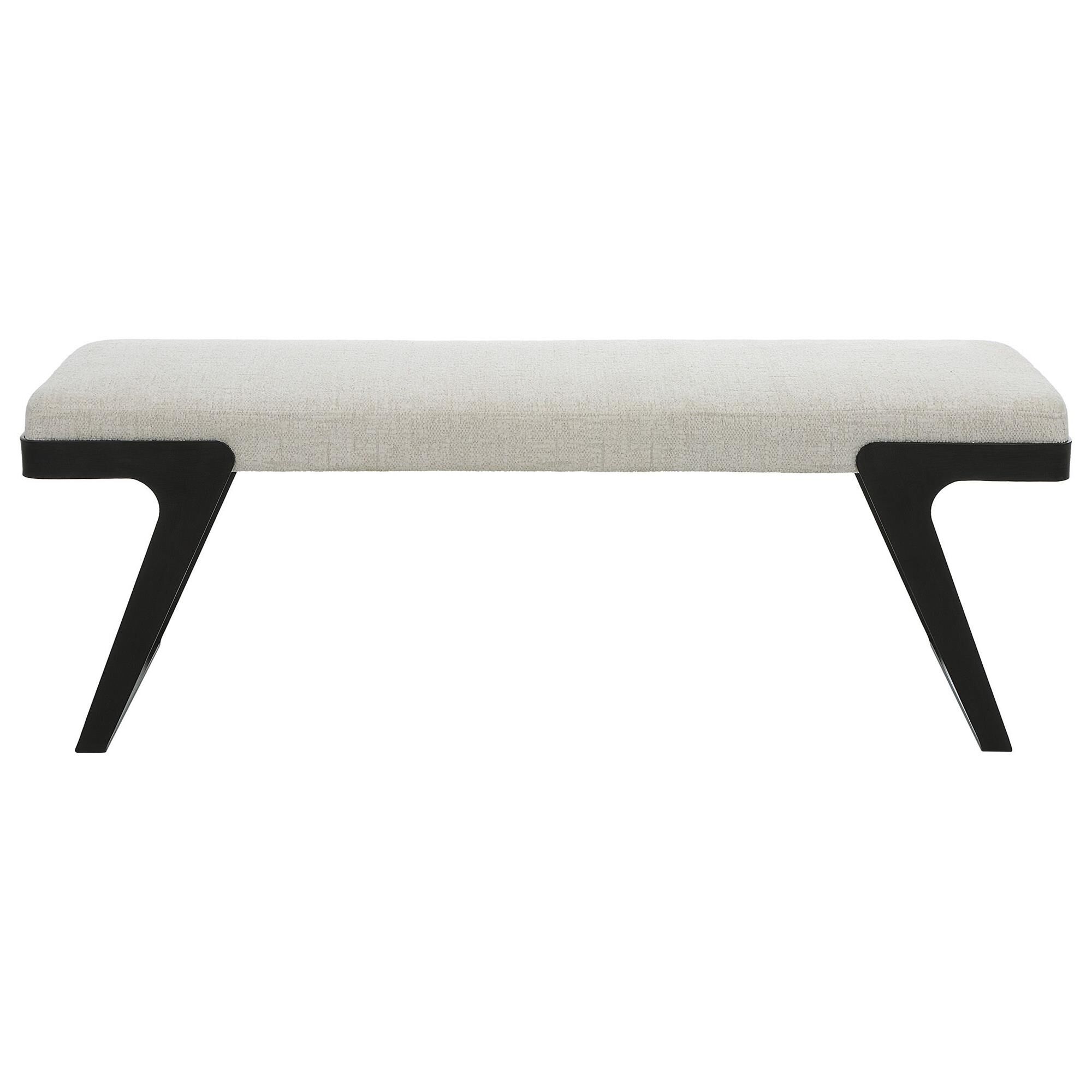 Shown in The Modern Hover Bench Is Streamlined With An Aged Black Curved Iron Base And Cushioned Seat. Uphols finish