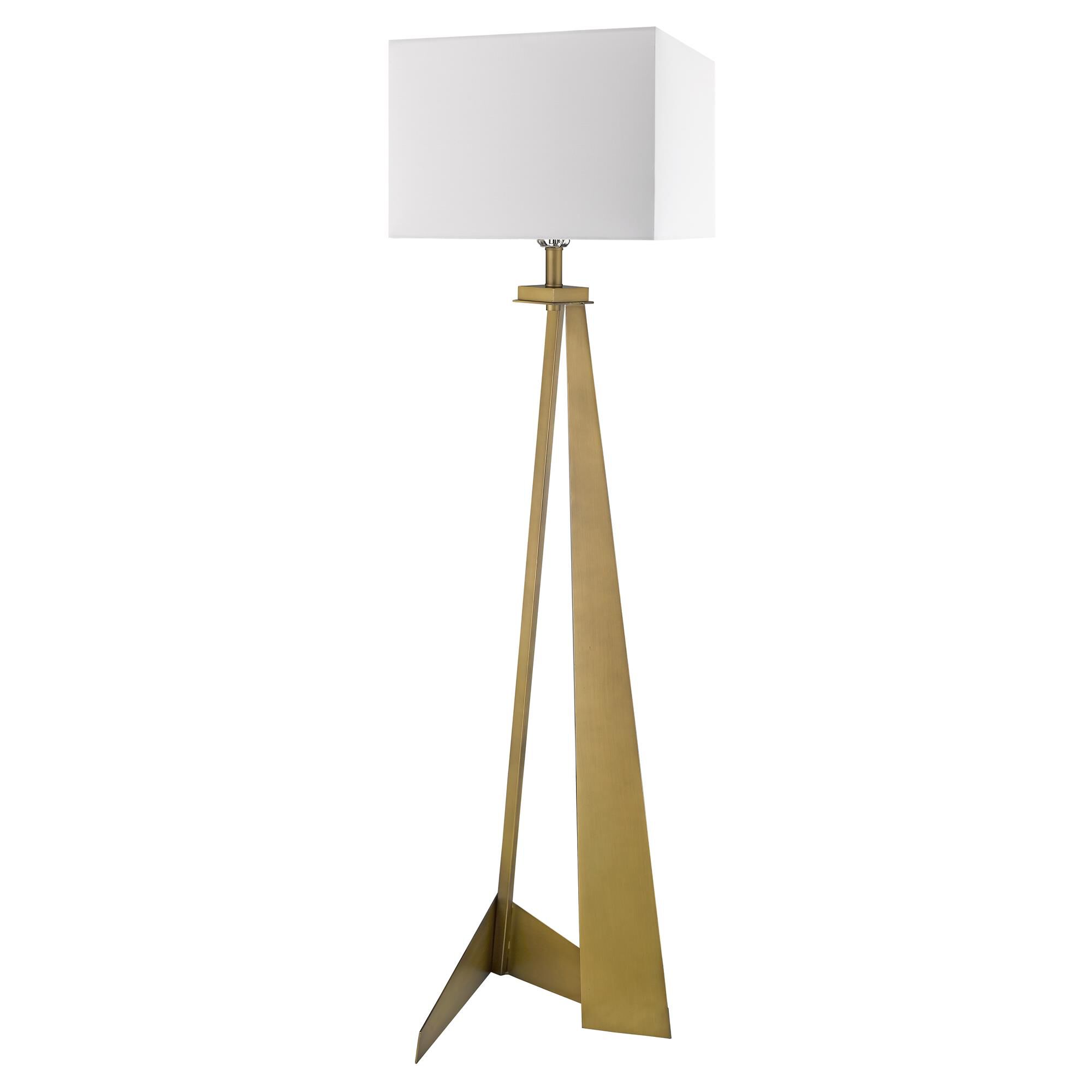 Shown in Aged Brass finish and White glass and White Linen Hardback shade