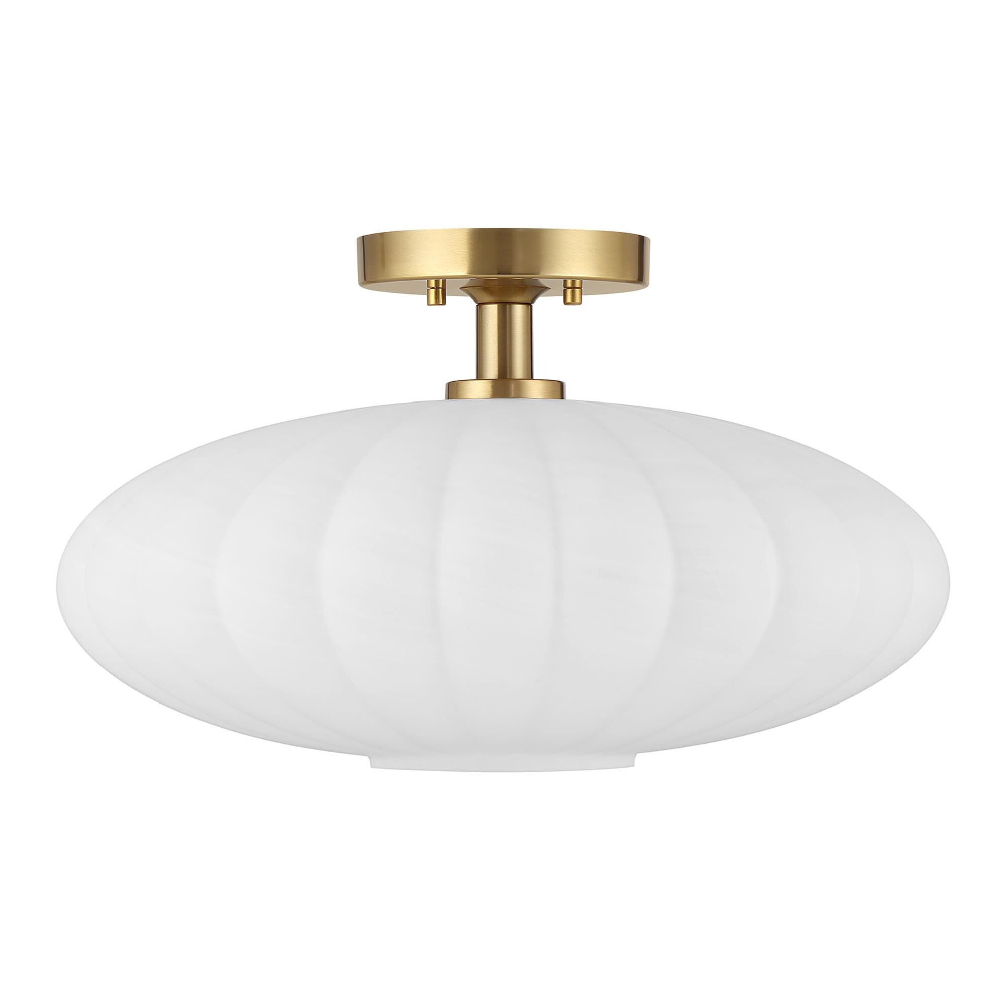 Shown in Natural Brass finish and White Strie glass