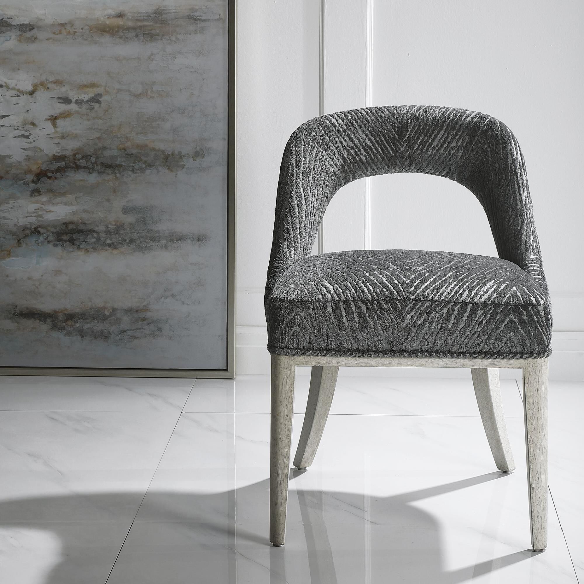 Shown in Perfect For Dining, Office, Or Vanity Use, This Open Back Accent Chair Features A Charcoal And Light finish