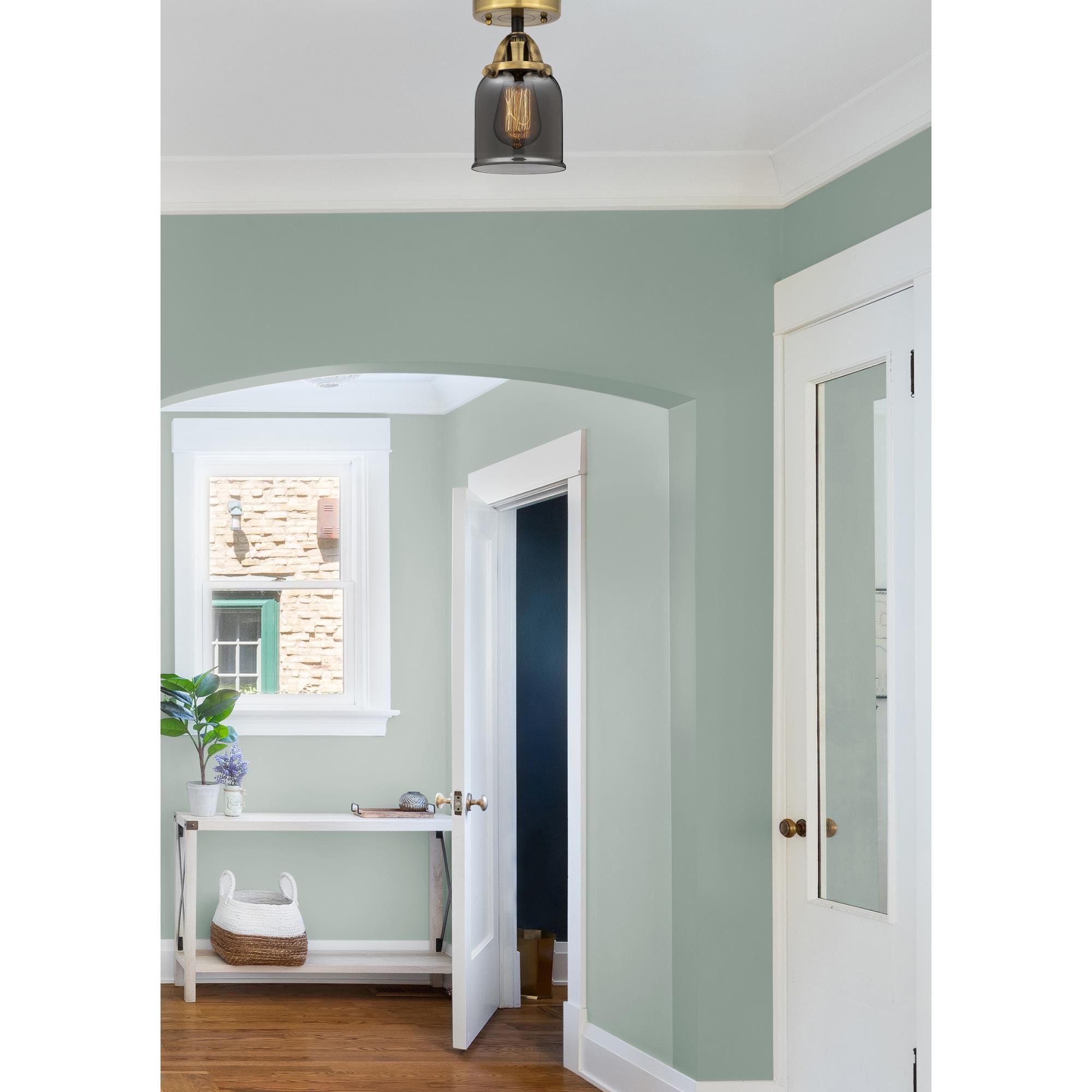 Shown in Black Antique Brass finish and Plated Smoke Small Bell glass and No Shade shade