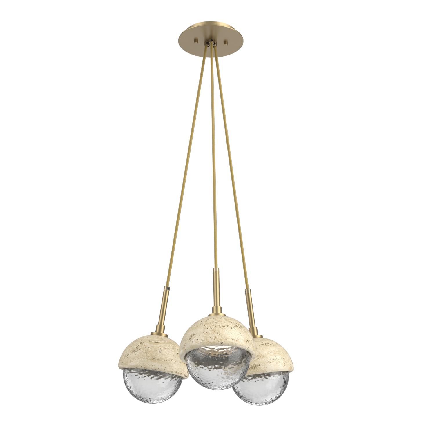 Shown in Gilded Brass finish and Clear glass and Travertine Stone accent