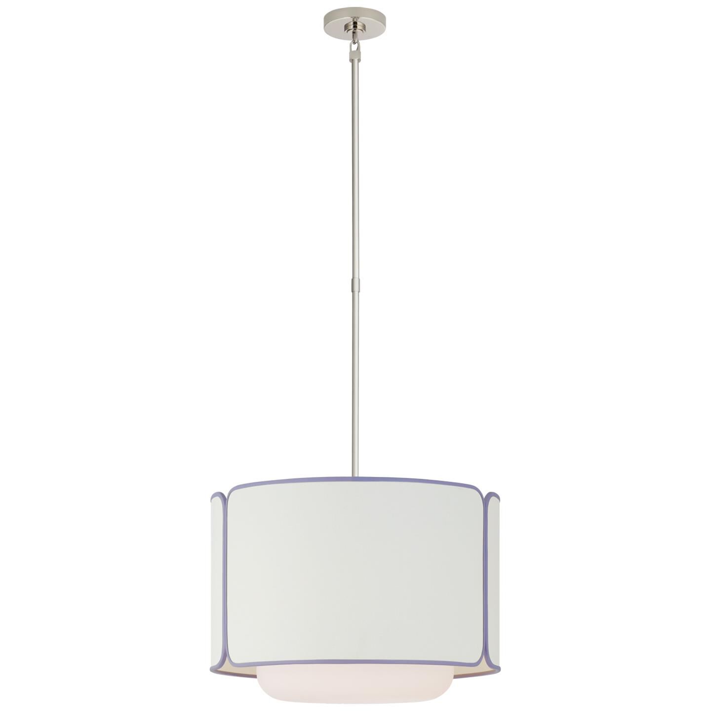 Shown in Polished Nickel finish and Soft White glass and Linen With Lilac Trim shade