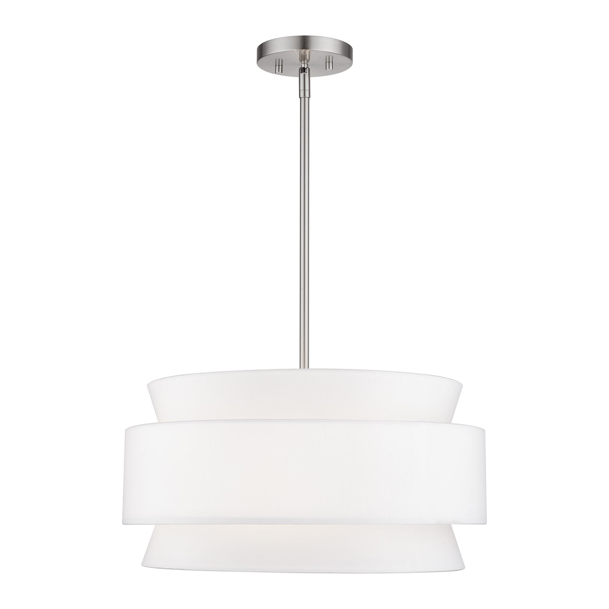 Shown in Brushed Nickel finish and Hand Crafted Off-White Fabric Hardbacks with White Fabric Inside shade