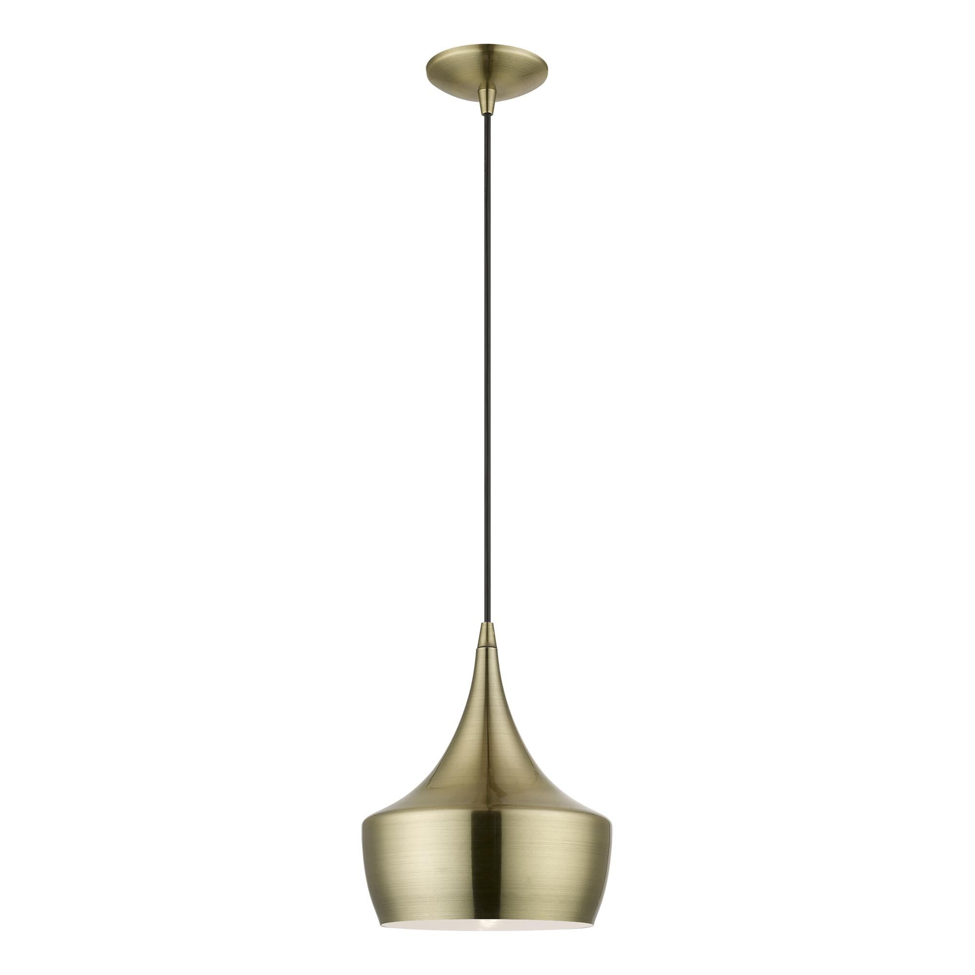Shown in Antique Brass finish and Antique Brass with White Inside shade
