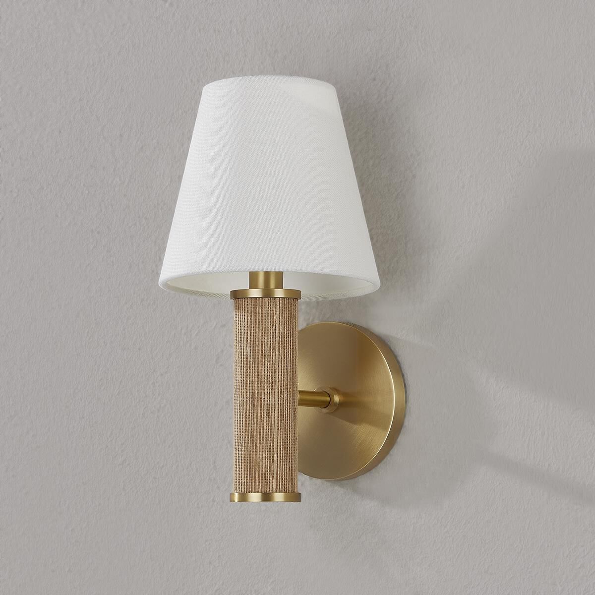 Shown in Aged Brass finish and Off White Linen shade