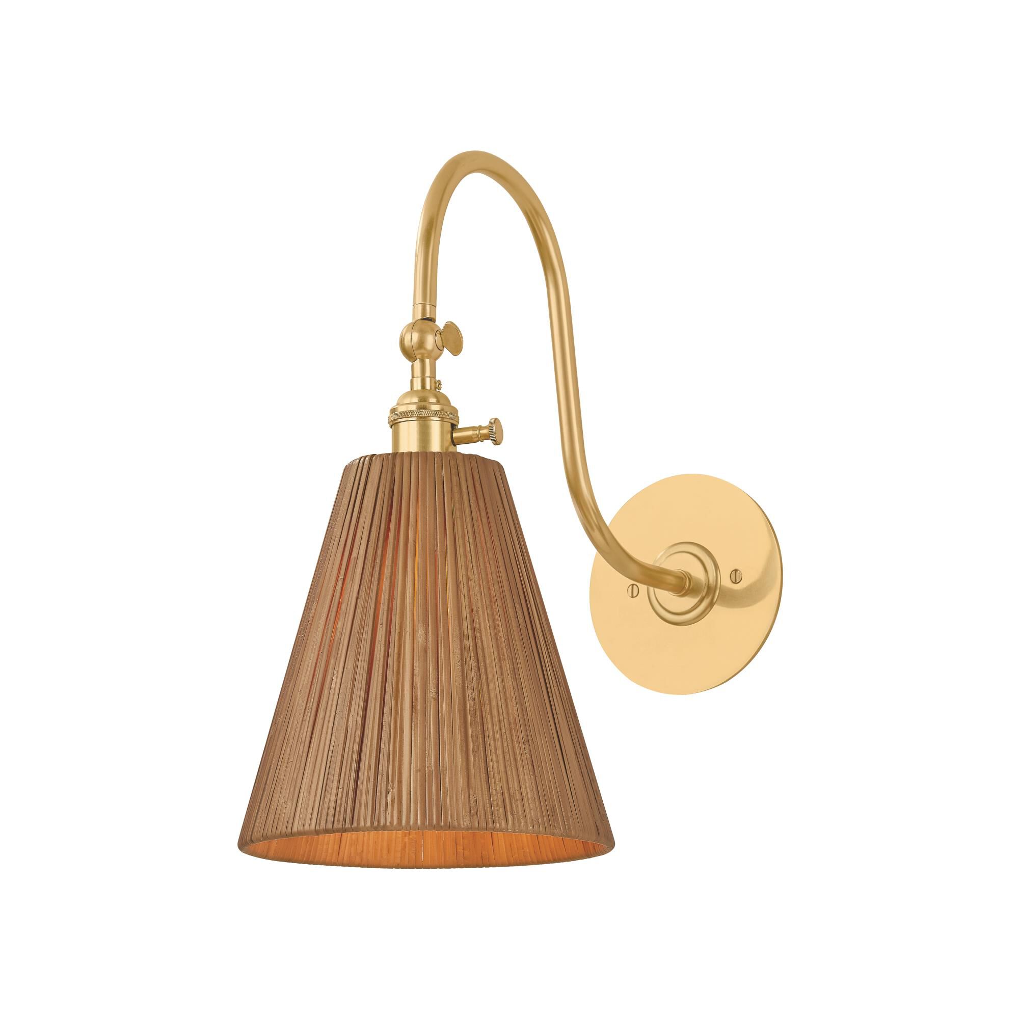 Shown in Aged Brass finish and Natural Rattan shade