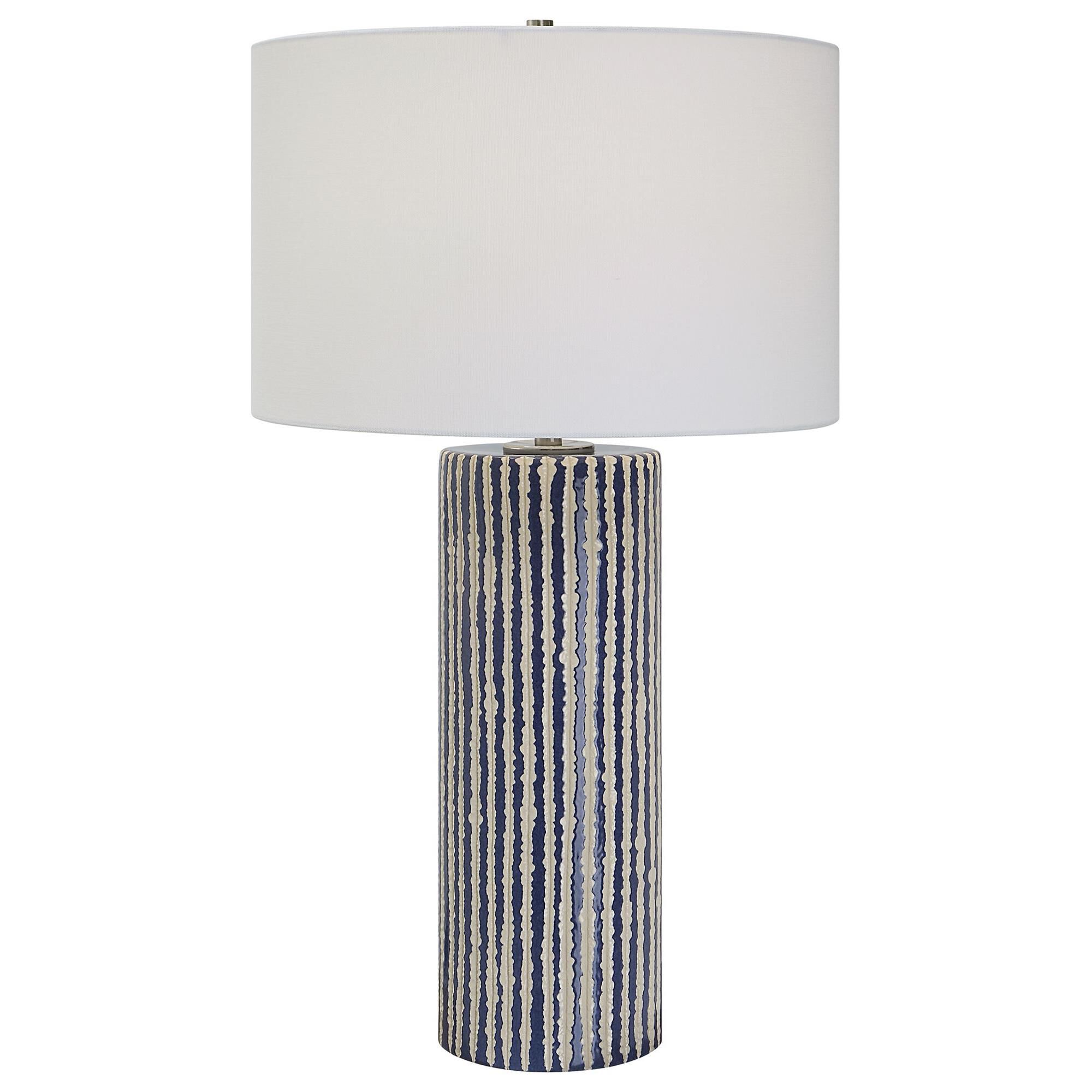 Shown in This Ceramic Table Lamp Features Eye-Catching, Crudely Carved, Cobalt Glazed Stripes With Contrastin finish and Round Hardback Drum shade
