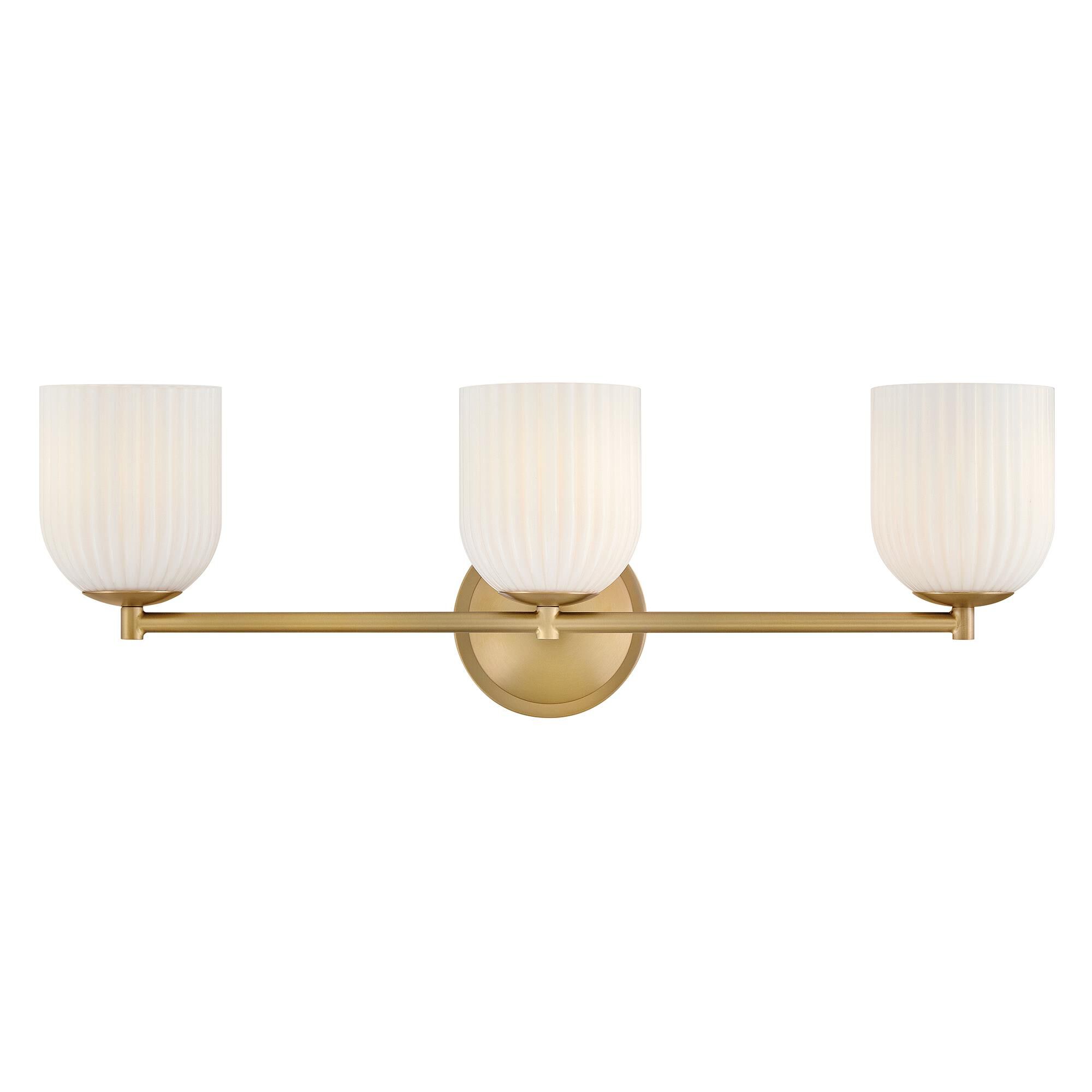 Shown in Lacquered Brass finish and Cased Opal Ribbed glass