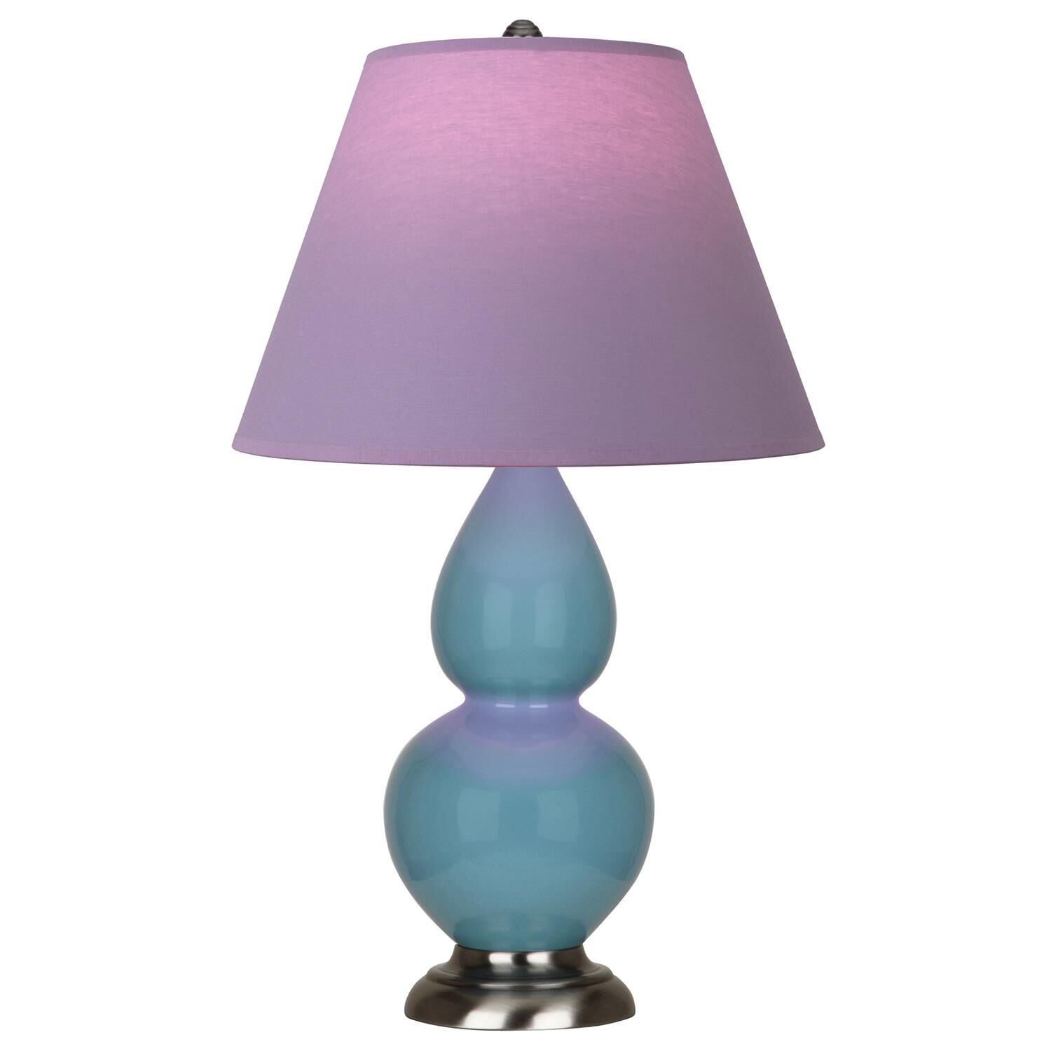Shown in Steel Blue finish and Lavender and Plum shade and Antique Silver accent