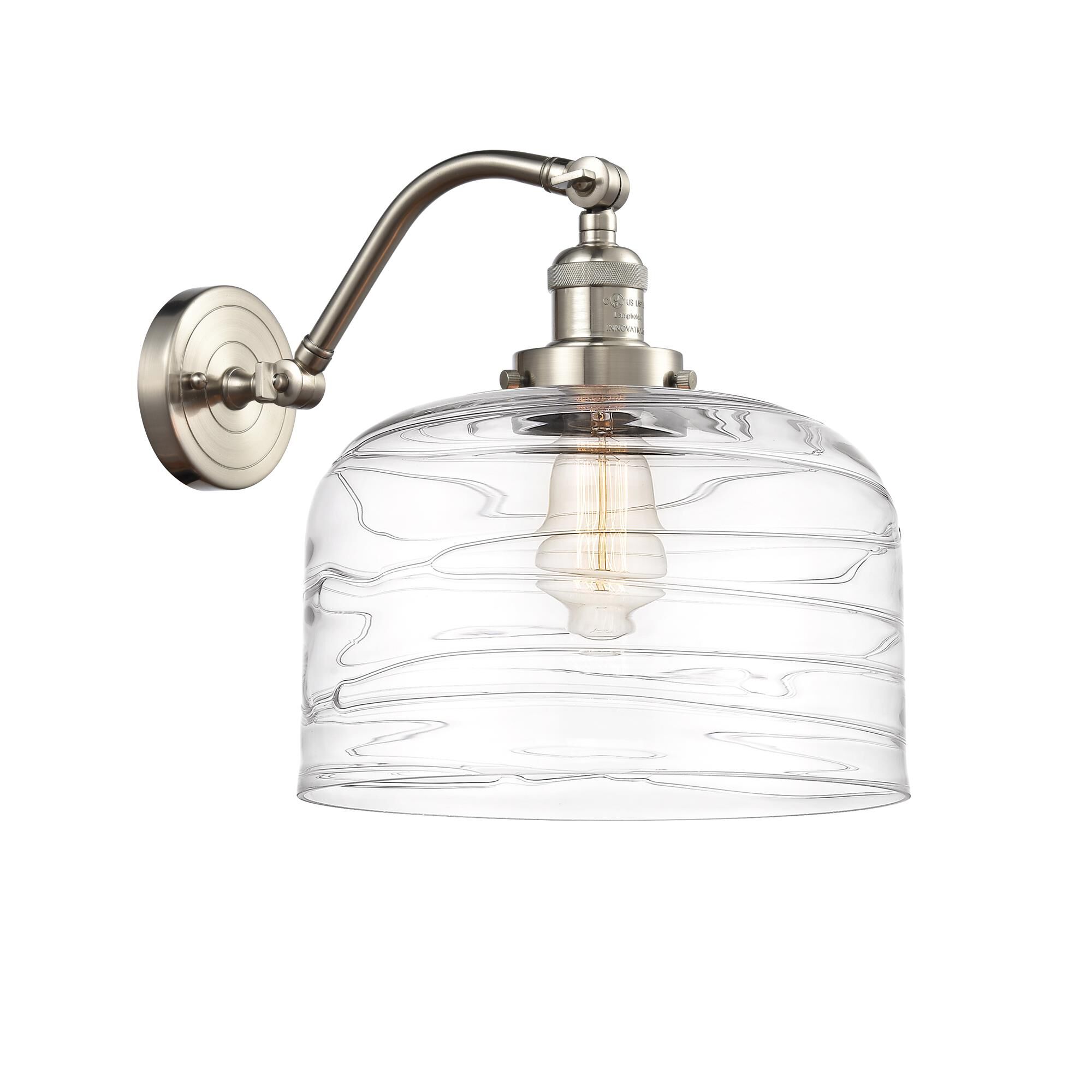 Shown in Brushed Satin Nickel finish and Clear Deco Swirl X-Large Bell glass